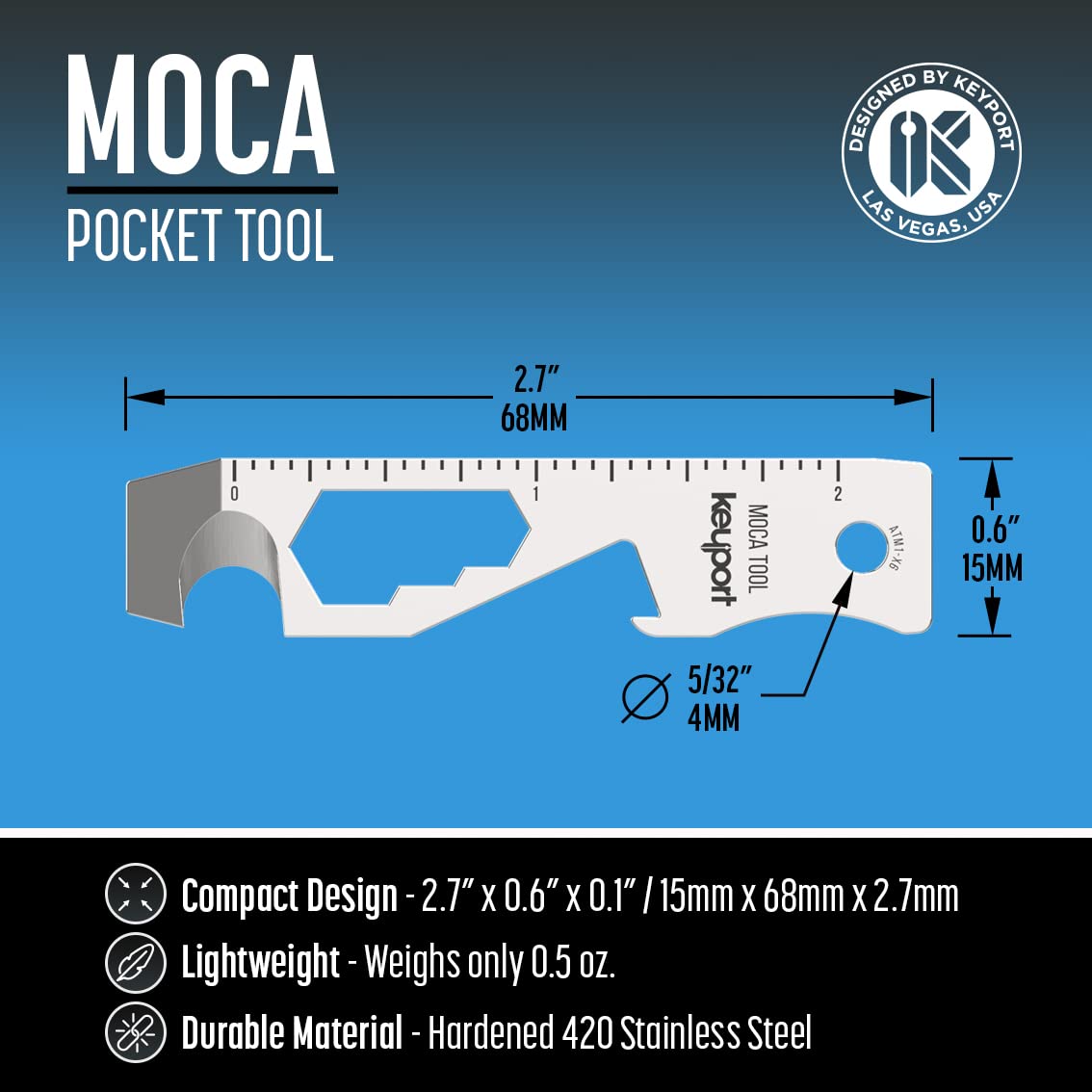 Keyport MOCA 10-in-1 Stainless Steel Keychain Multitool - EDC Gear with Pry Bar, Bottle Opener, Screwdriver, Box Cutter & Cord Cutter | TSA Approved Key Organizer | Perfect for Everyday Carry, Outdoor Adventures & Emergency Situations
