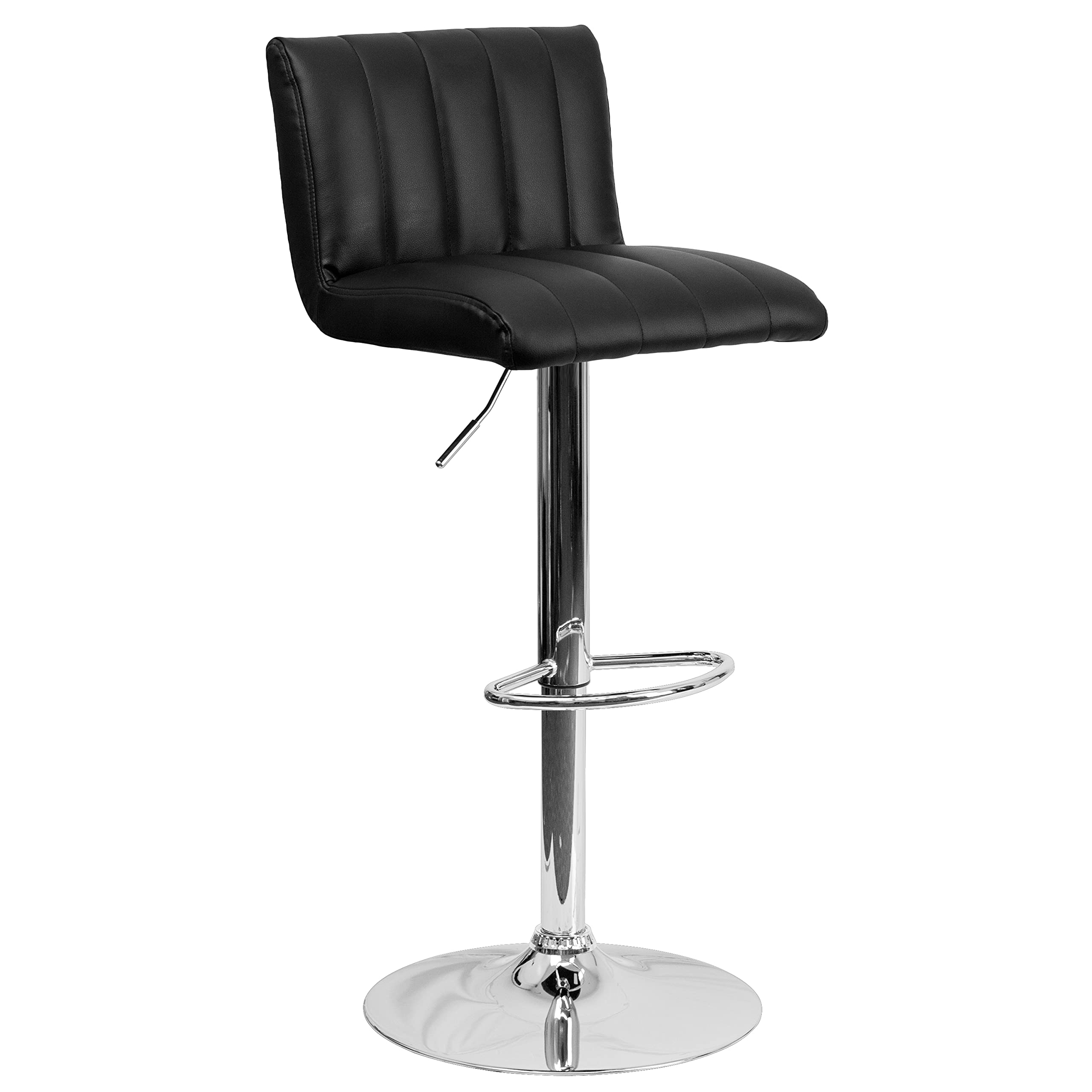 EMMA & OLIVER Black Vinyl Adjustable Height Bar Stool with Vertical Stitch Back - Modern Kitchen Island & Counter Height Stools for Dining, Bar, or Home Decor