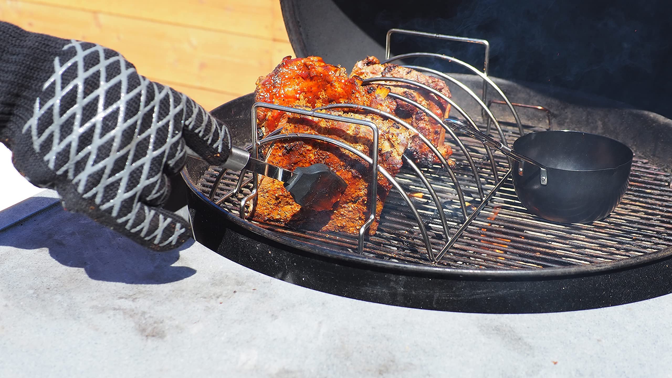 3-Piece Rib Rack and Sauce Pan Set - Premium BBQ Grill Accessories for Perfect Ribs & Meat Cooking | Ideal for Backyard Grilling, Camping & Outdoor Parties