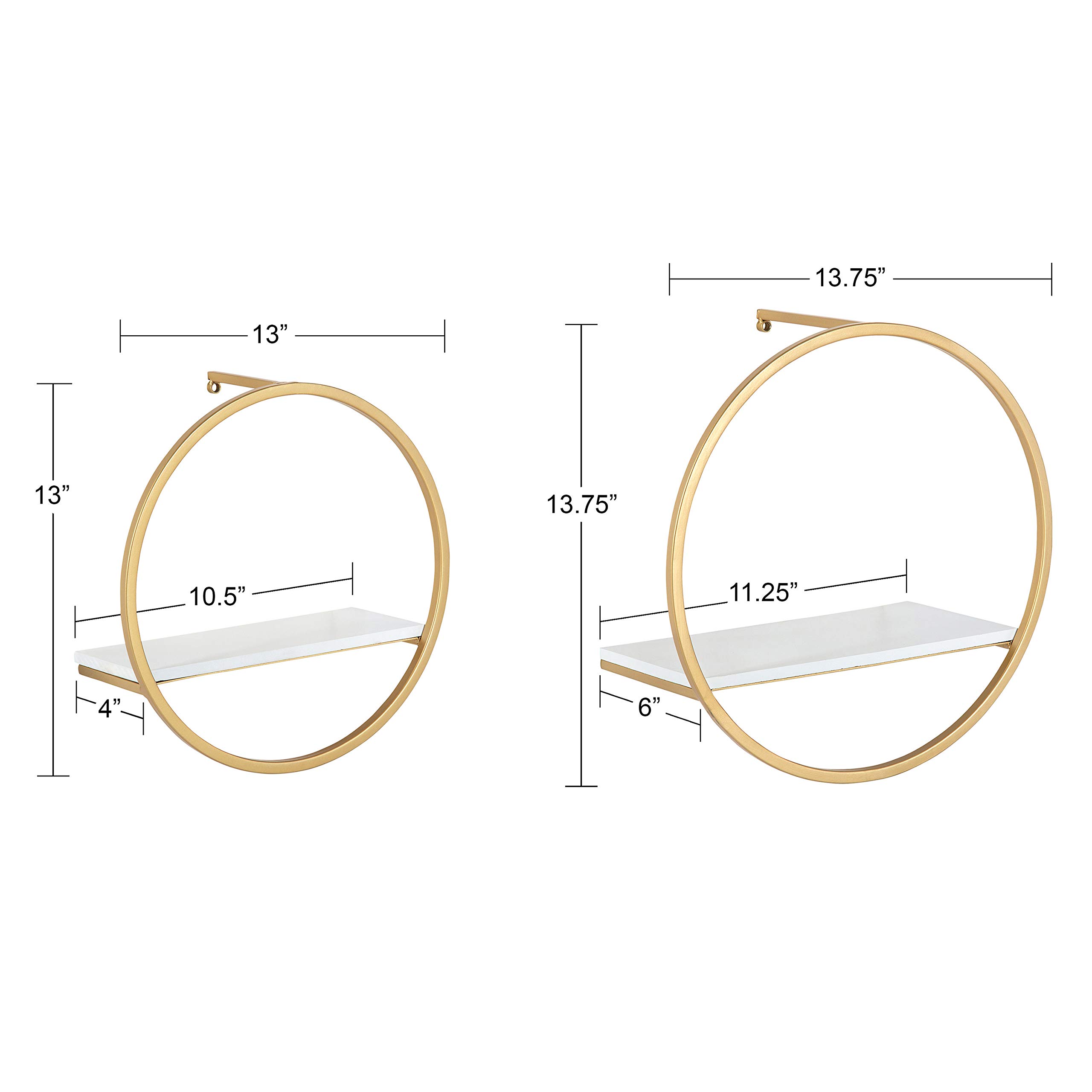 Kate and Laurel Wicks Modern Glam Floating Wall Shelves - Set of 2 Round Gold Metal Frame with White Painted Solid Wood Shelves | Perfect for Living Room, Bedroom Decor & Displaying Photos, Plants, Books