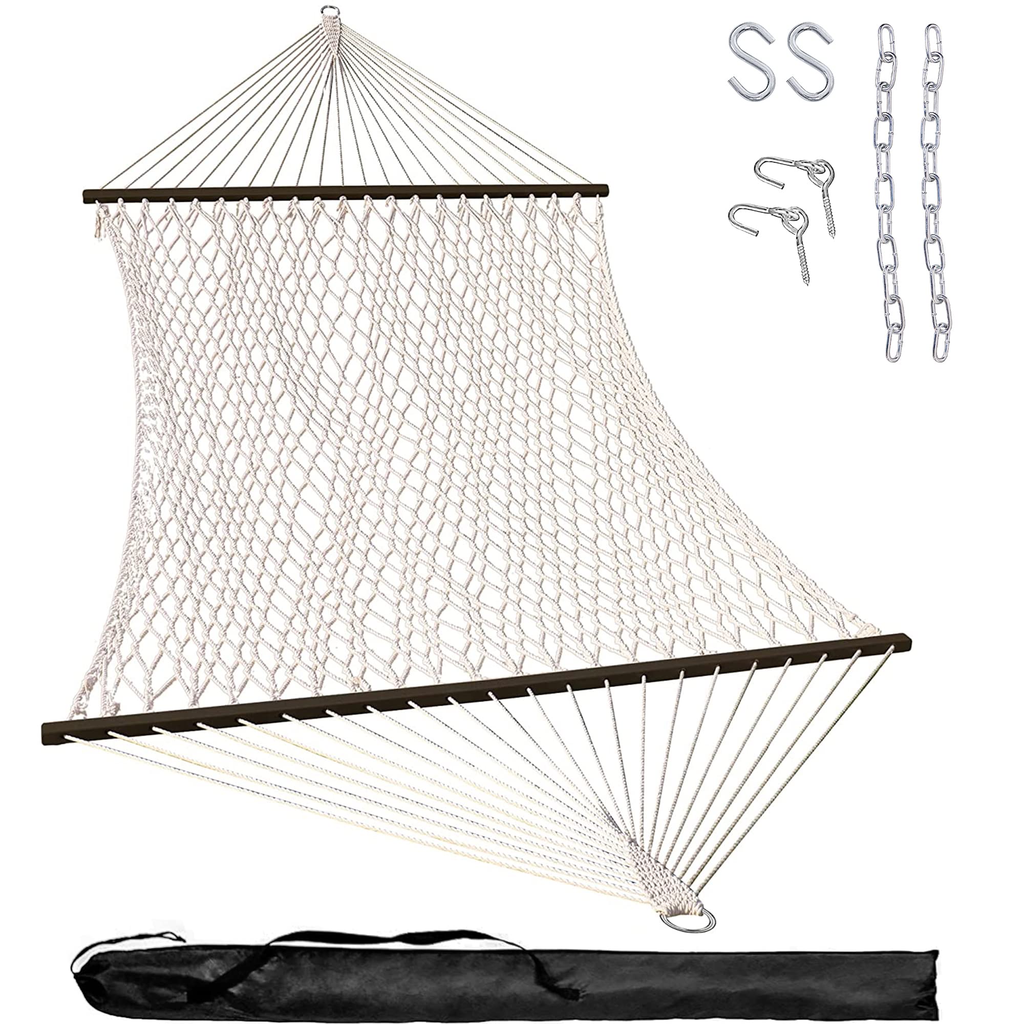 13FT Double Rope Hammock with Spreader Bar - Handwoven Cotton Hanging Bed for 2 People (450LBS Capacity) - Includes Carrying Bag & Tree Hooks - Perfect for Backyard, Patio, Poolside & Indoor Relaxation - Natural & Black Color Options
