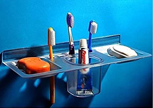 iSTAR 4-in-1 Multi-Purpose Soap Stand with Tumbler Holder - Sleek Clear Plastic Bathroom Organizer for Washbasin, Kitchen & Shower - Perfect for Soap, Toothbrush & Cup Storage (Pack of 1)
