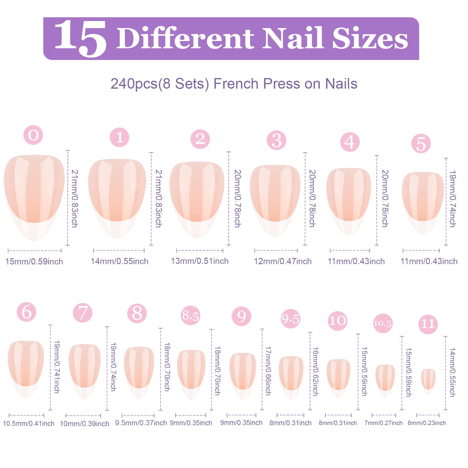 Short French Tip Press on Nails - 15 Sizes Almond Fake Nails with Gel Finish | Perfect for Daily Wear, Parties & Special Occasions
