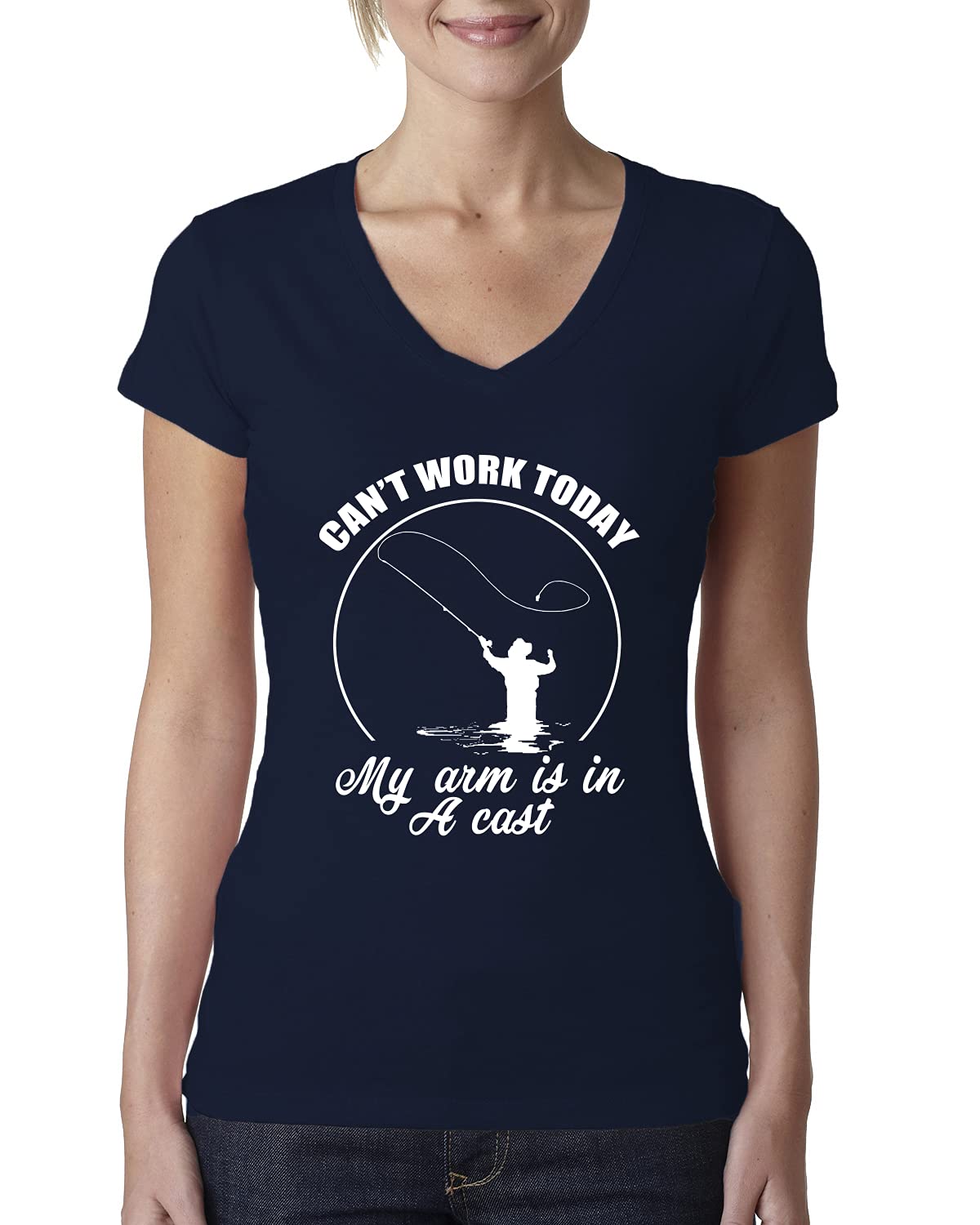 Funny Fishing V-Neck T-Shirt for Women - 'Can't Work Today My Arm is in A Cast' Graphic Tee - Comfortable Junior Fit Casual Top for Fishing Enthusiasts & Outdoor Activities