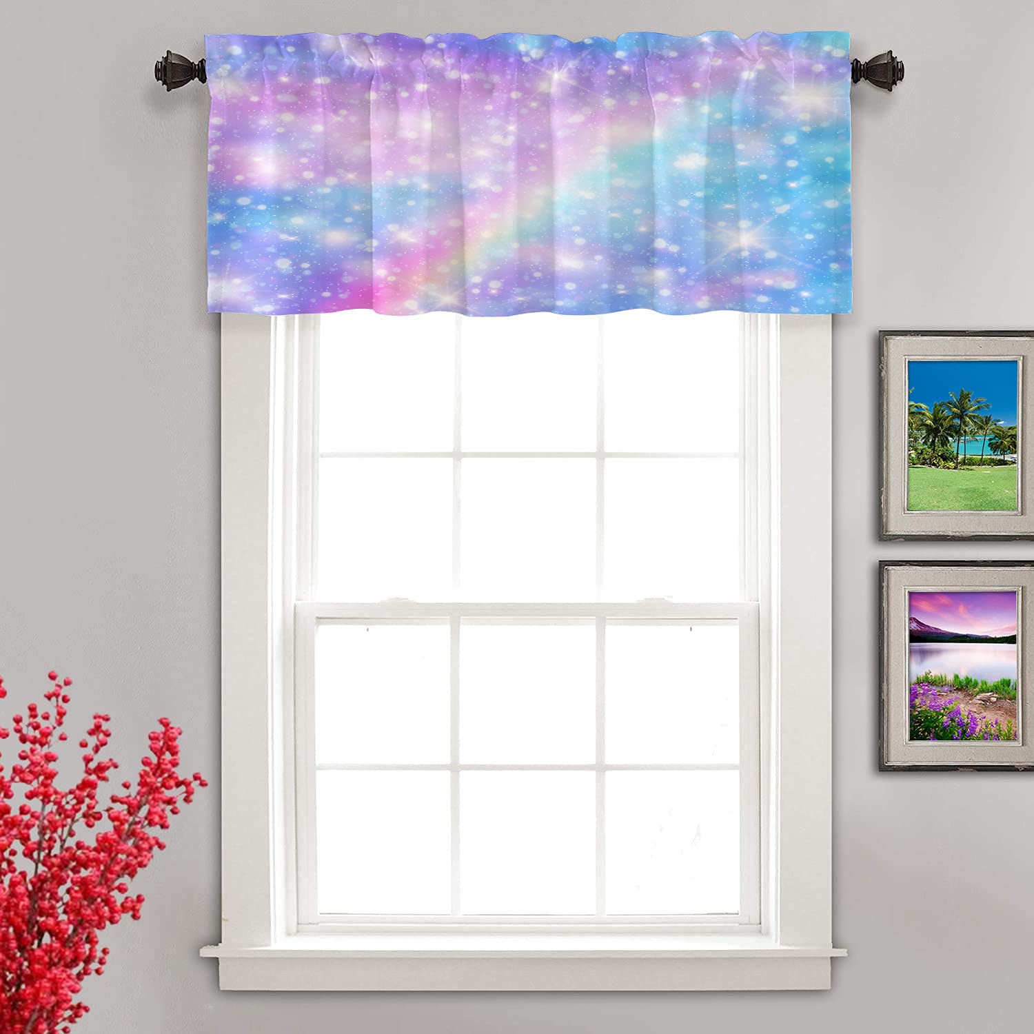 Pastel Rainbow Unicorn & Glitter Stars Kitchen Valance - Galaxy Fantasy Window Curtain for Kitchen Decor, 52x18 Inch - Perfect for Kids' Room, Nursery, or Whimsical Kitchen Design