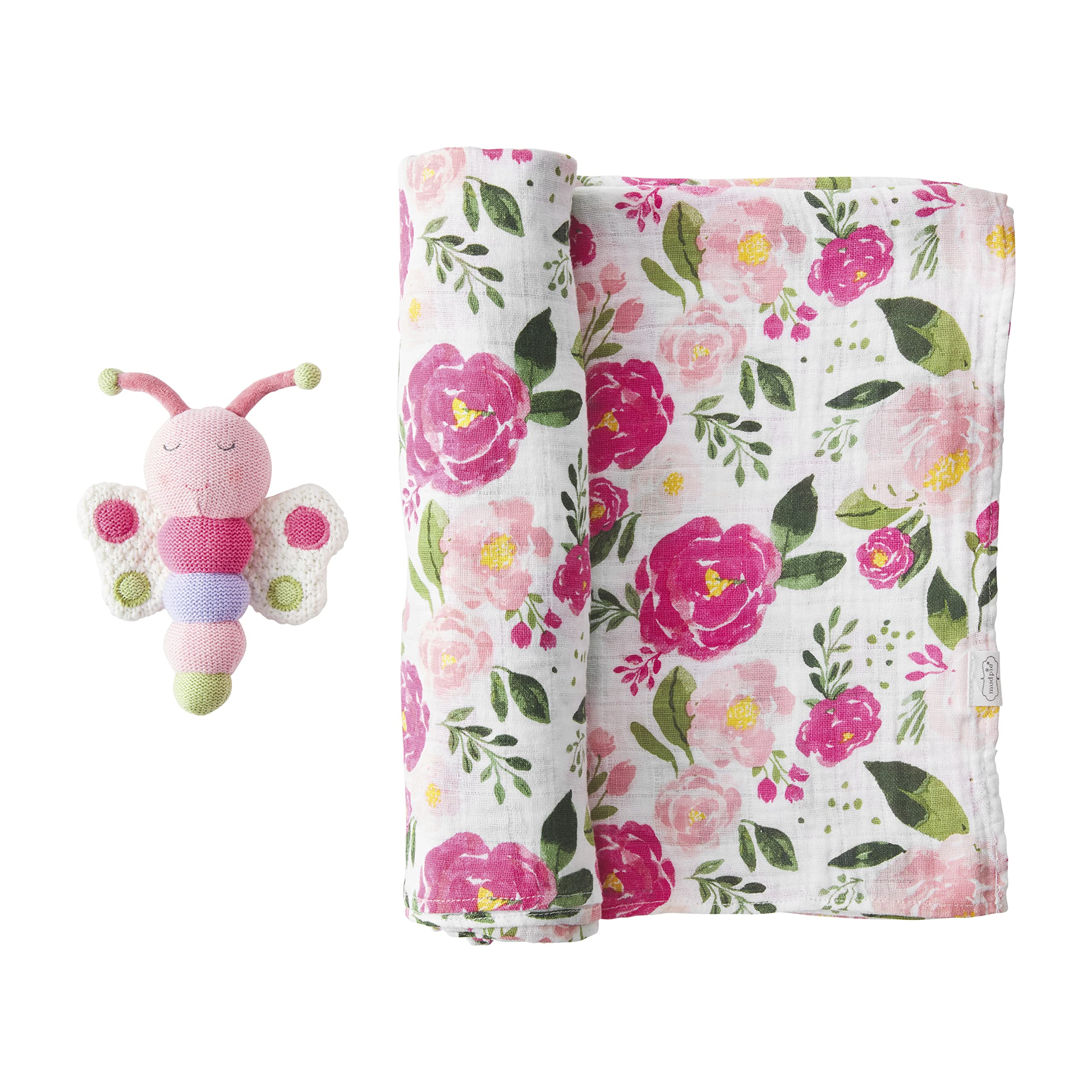 Mud Pie Floral Swaddle and Rattle Set for Baby Girls | Soft Cotton Swaddling Blanket with Attached Rattle | Perfect for Newborn Gifts, Nursery Essentials & Photo Shoots