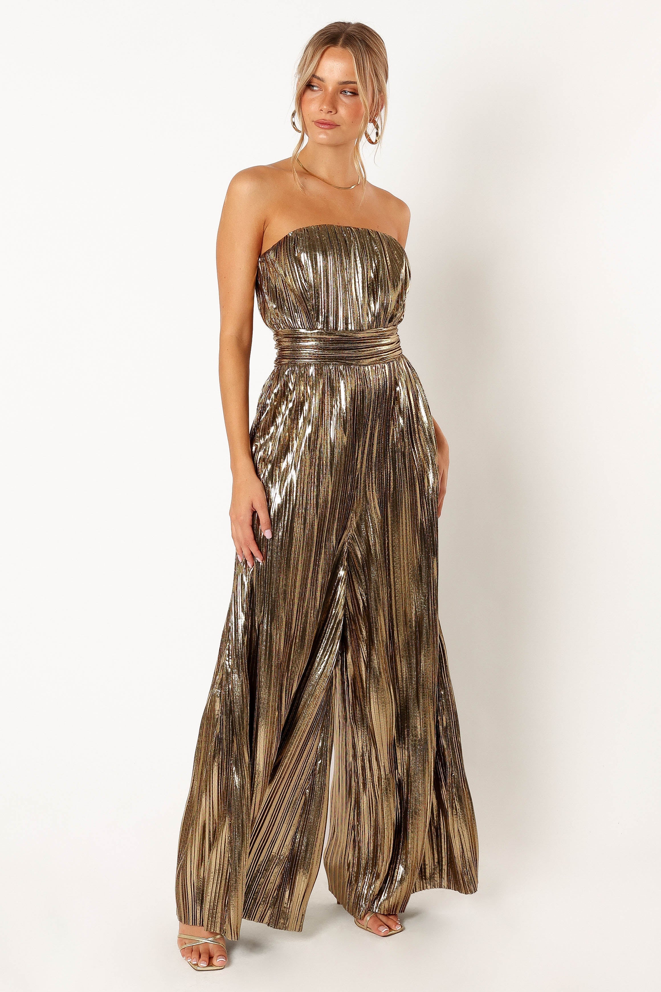 Stylish Kerry Pleat Jumpsuit in Gold - Perfect for Parties, Weddings & Evening Events | Women's Fashion