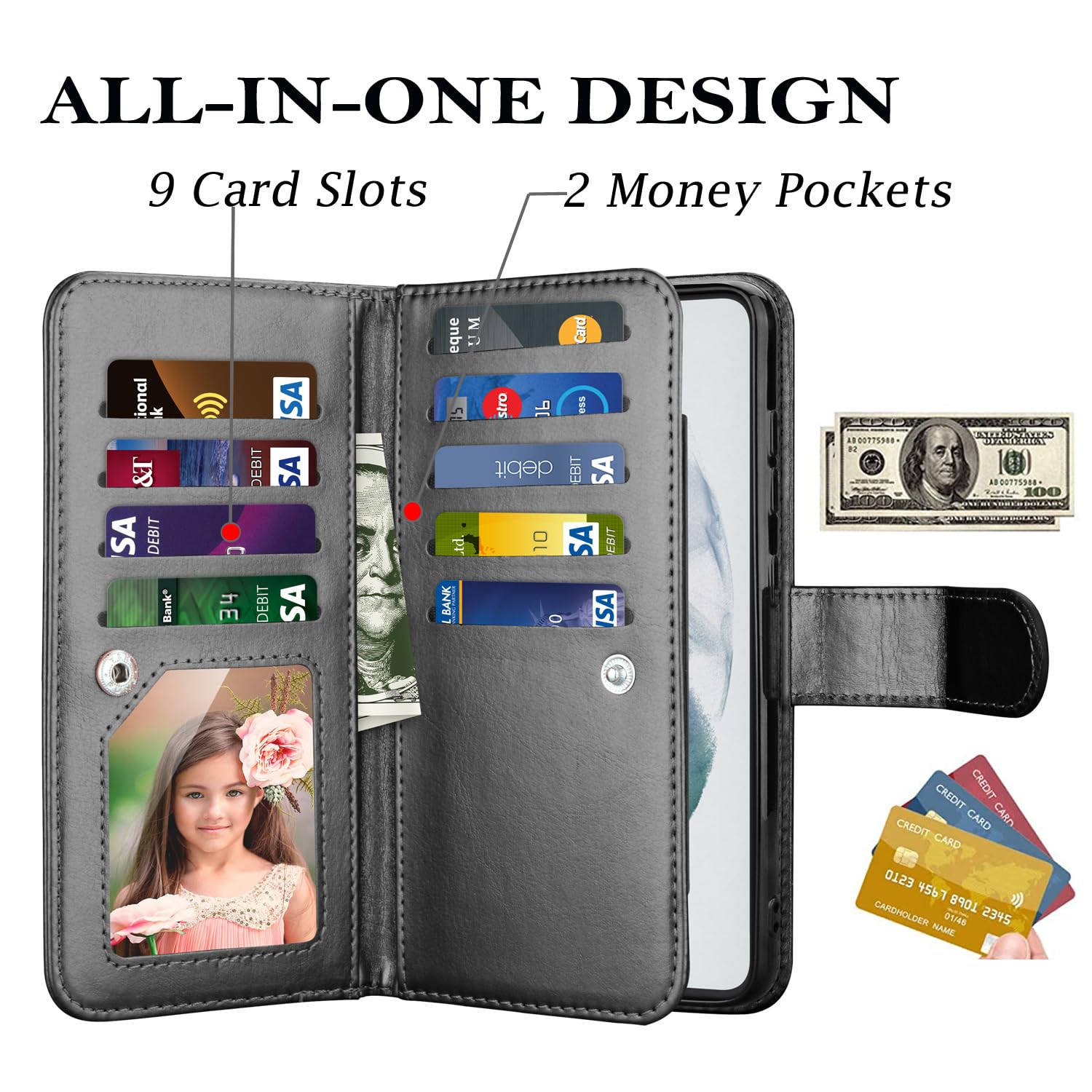 Premium Leather Wallet Case for Samsung Galaxy S21 FE 5G - RFID Blocking Credit Card Holder with 9 Slots, Detachable Magnetic Flip Cover, Built-in Kickstand & Carrying Strap (Black) - Perfect for Travel, Work & Everyday Protection