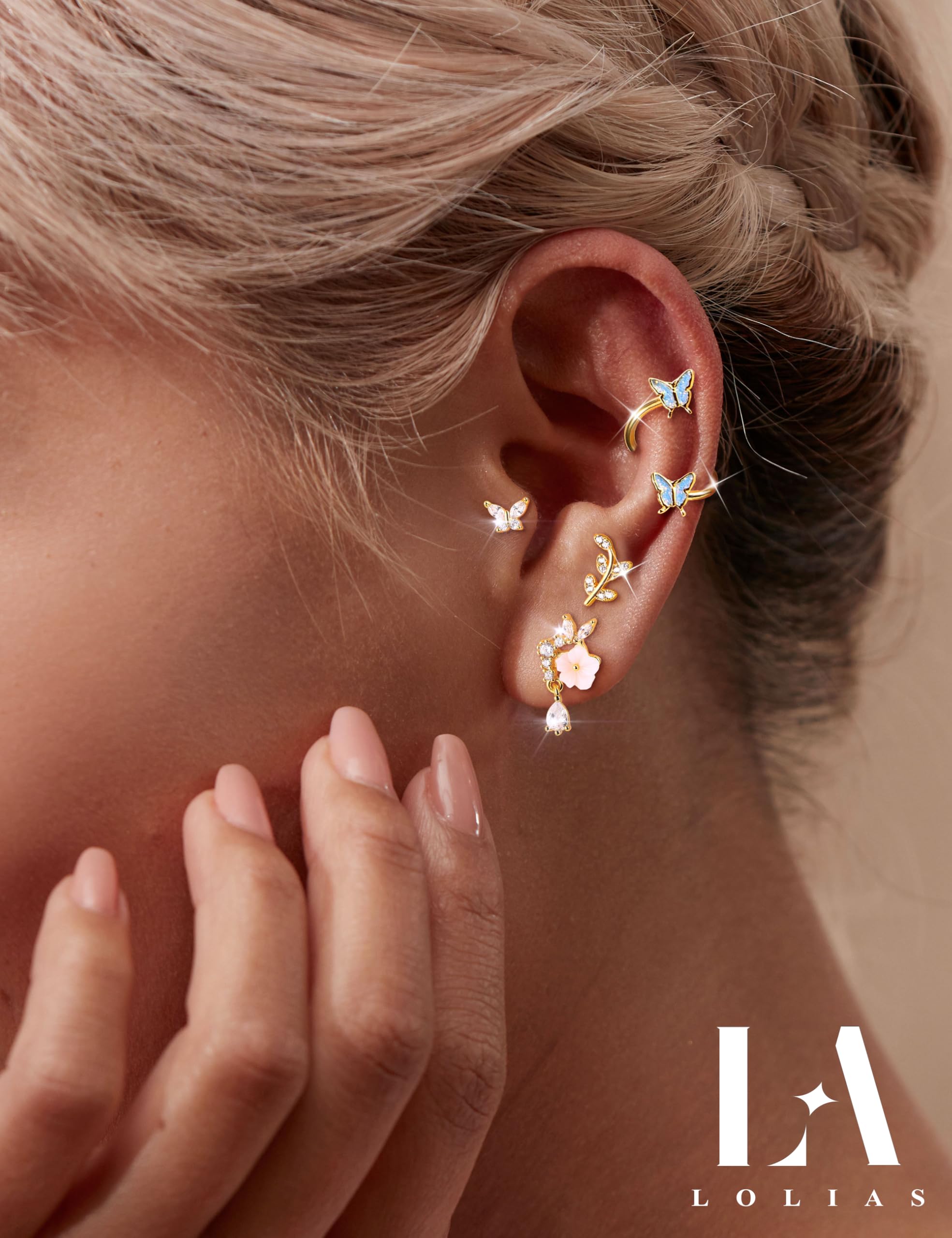 LOLIAS 16 Gauge Cartilage Earrings for Women - Stainless Steel Helix Piercing Jewelry with CZ Studs, Leaf & Butterfly Design, Flat Back Earrings - Perfect for Daily Wear, Parties & Gifts