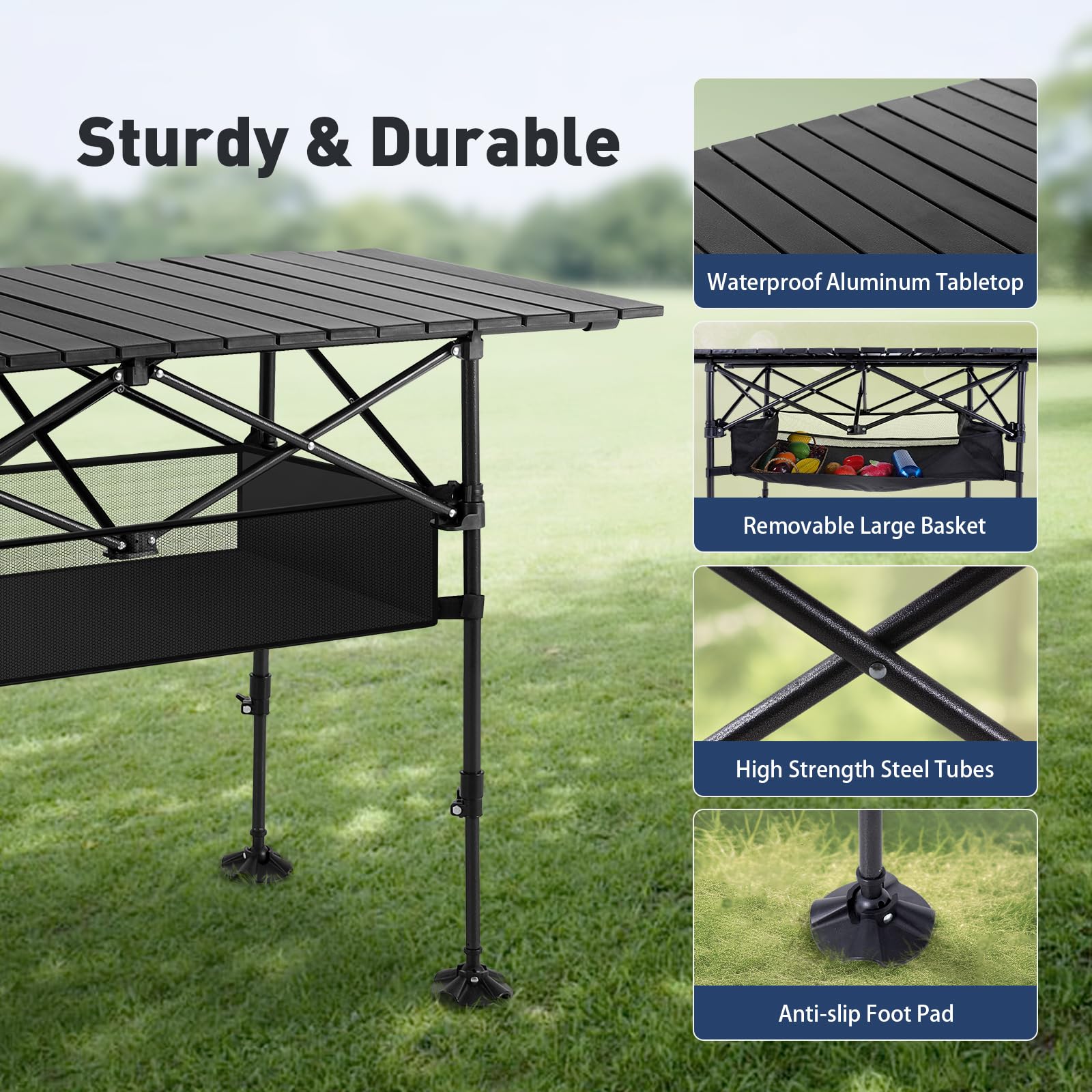 ALPHA CAMP Adjustable Height Folding Camping Table - Portable Roll-up Outdoor Picnic Table with Storage Bag - Lightweight Aluminum for Backyard, Beach, BBQ & Indoor Use - Perfect for Camping, Tailgating and Outdoor Adventures