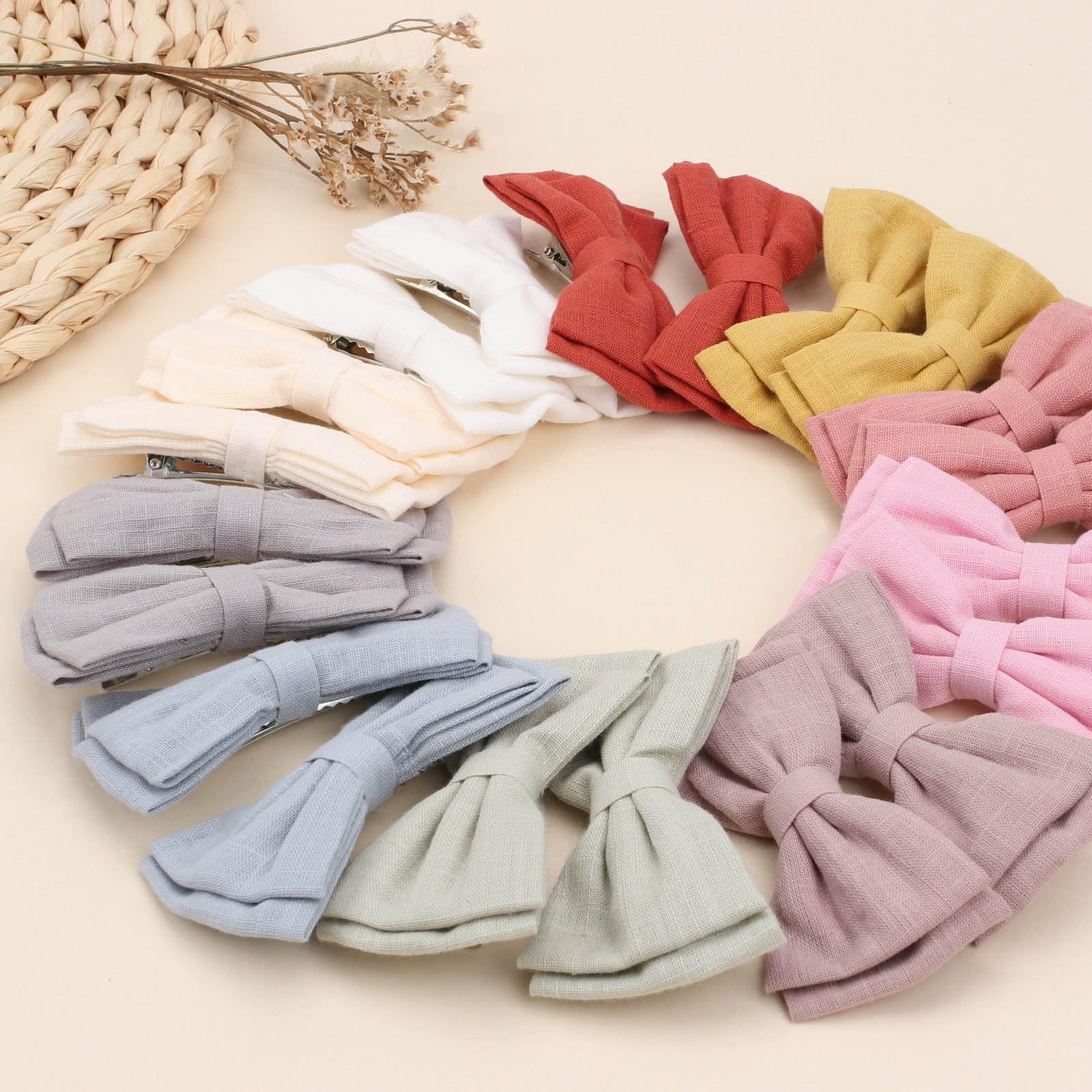 OAOLEER 20Pcs 3.5 Inch Neutral Linen Hair Bows Clips for Baby Girls - Double Bun Ponytail Bow Hair Barrettes for Infants, Toddlers & Kids (Linen Bows-B) | Perfect for Birthday Parties, Photo Shoots & Daily Outfits