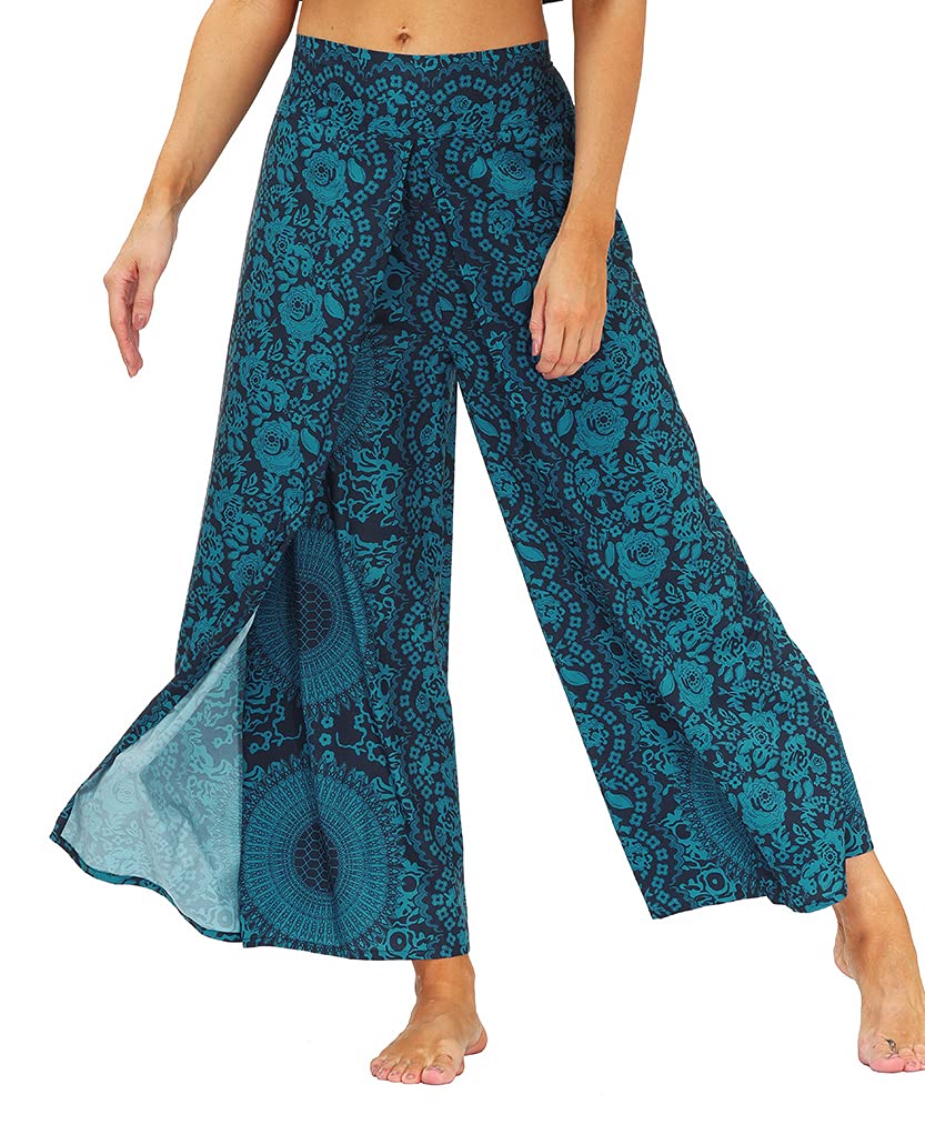 Ainuno Women's Boho Wide Leg Palazzo Pants with Side Slits - Flowy Hippie Pants for Summer, Thin & Comfortable - Perfect for Yoga, Beach, Music Festivals & Casual Wear