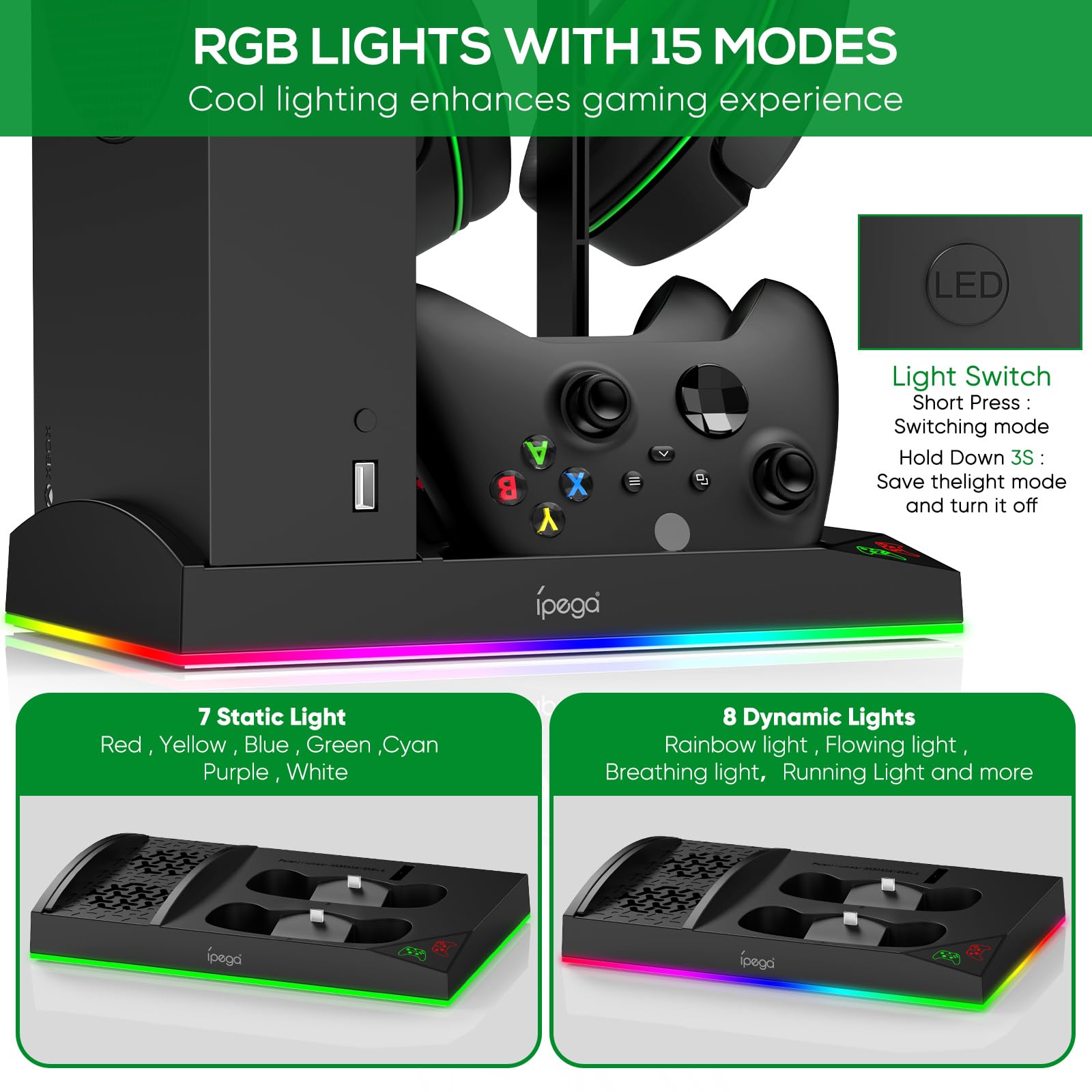 Xbox Series S Charging & Cooling Fan Stand - Dual Controller Charger Station with 15 LED Light Modes, Headset Hook & USB C Cable - 1400mAh Battery Cooler System for XSS (Black) | Perfect for Gaming Sessions & Console Protection