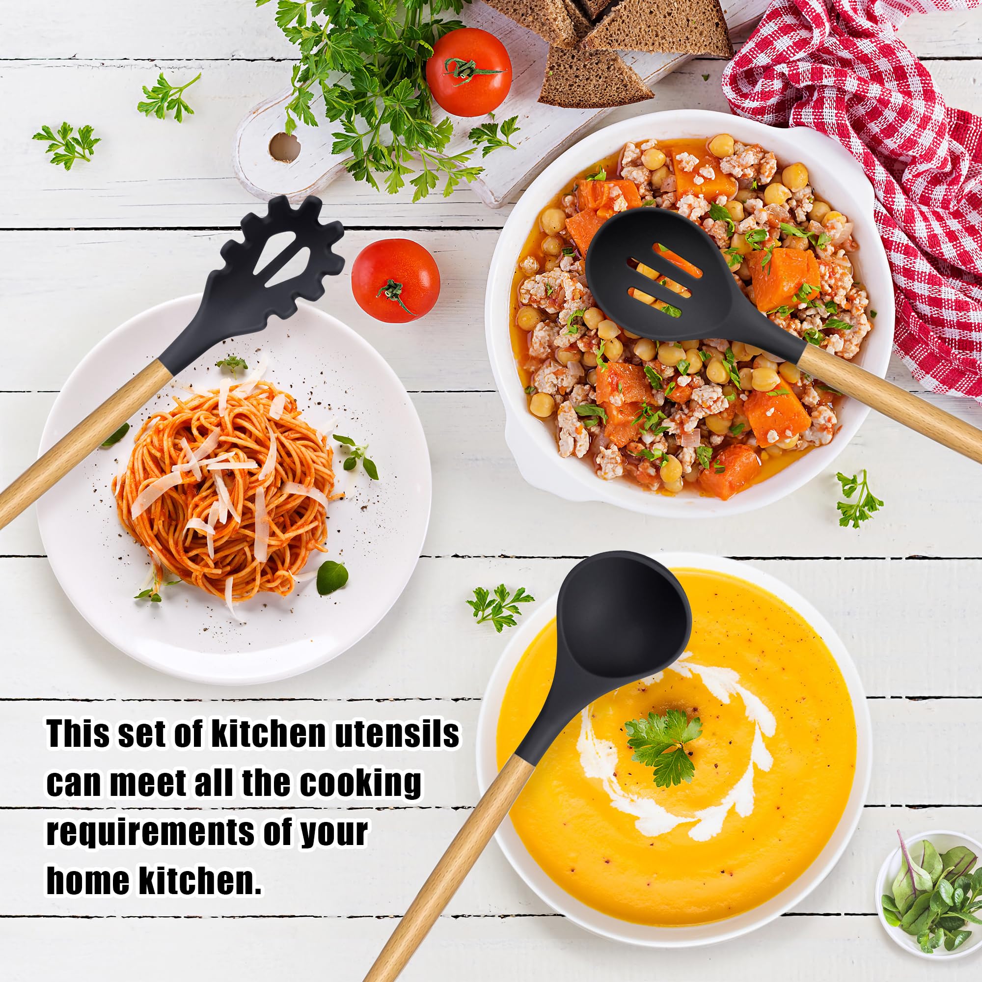 24-Piece Heat Resistant Silicone Kitchen Utensil Set with Wooden Handles (446°F Safe) - Non-Stick Cooking Tools with Storage Holder - Perfect for Baking, Frying & Everyday Cooking - Black Kitchen Gadgets & Accessories