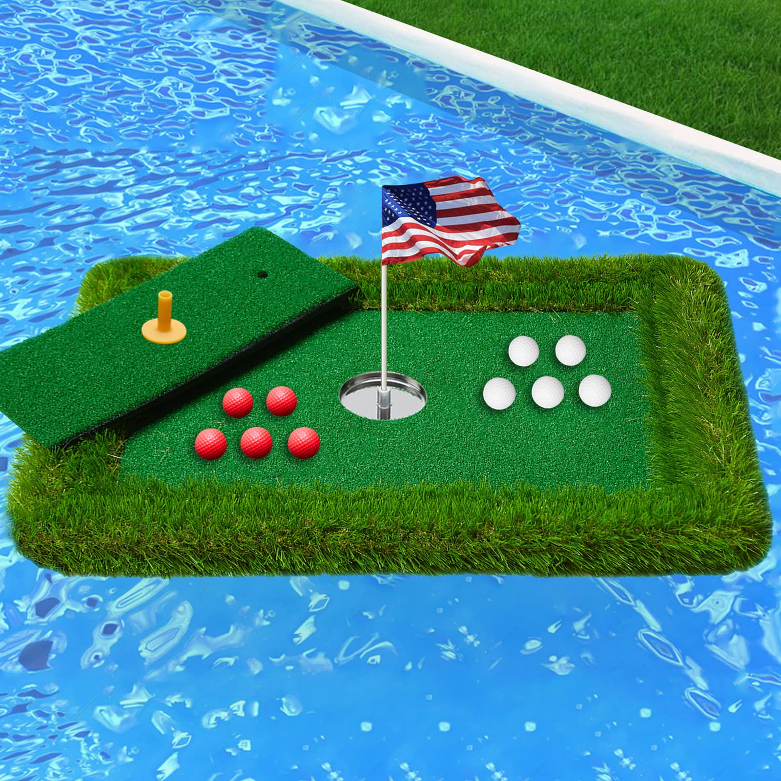 **Floating Golf Green for Pool - Floating Chipping Green & Pool Golf Turf Mat Set for Adults - Outdoor Water Golf Game - Perfect Golf Gift for Golfers - Fun Backyard & Pool Party Activity**