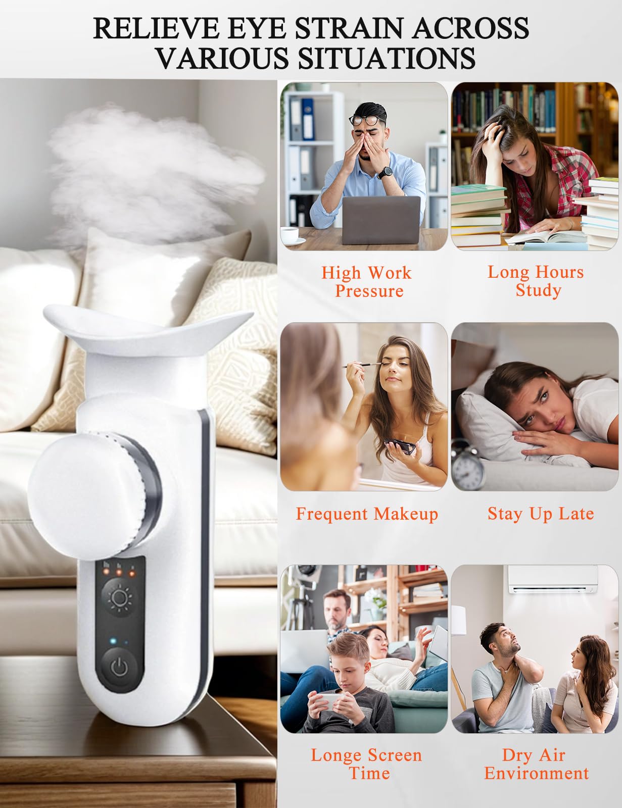 Rechargeable USB Heated Eye Massager - Portable Nano Steam Moisturizer for Dry Eyes & Stye Relief, Warm Compress Electric Eye Mask for Home, Office & Travel Use - Off White | Perfect for Stress Relief & Eye Care Routine