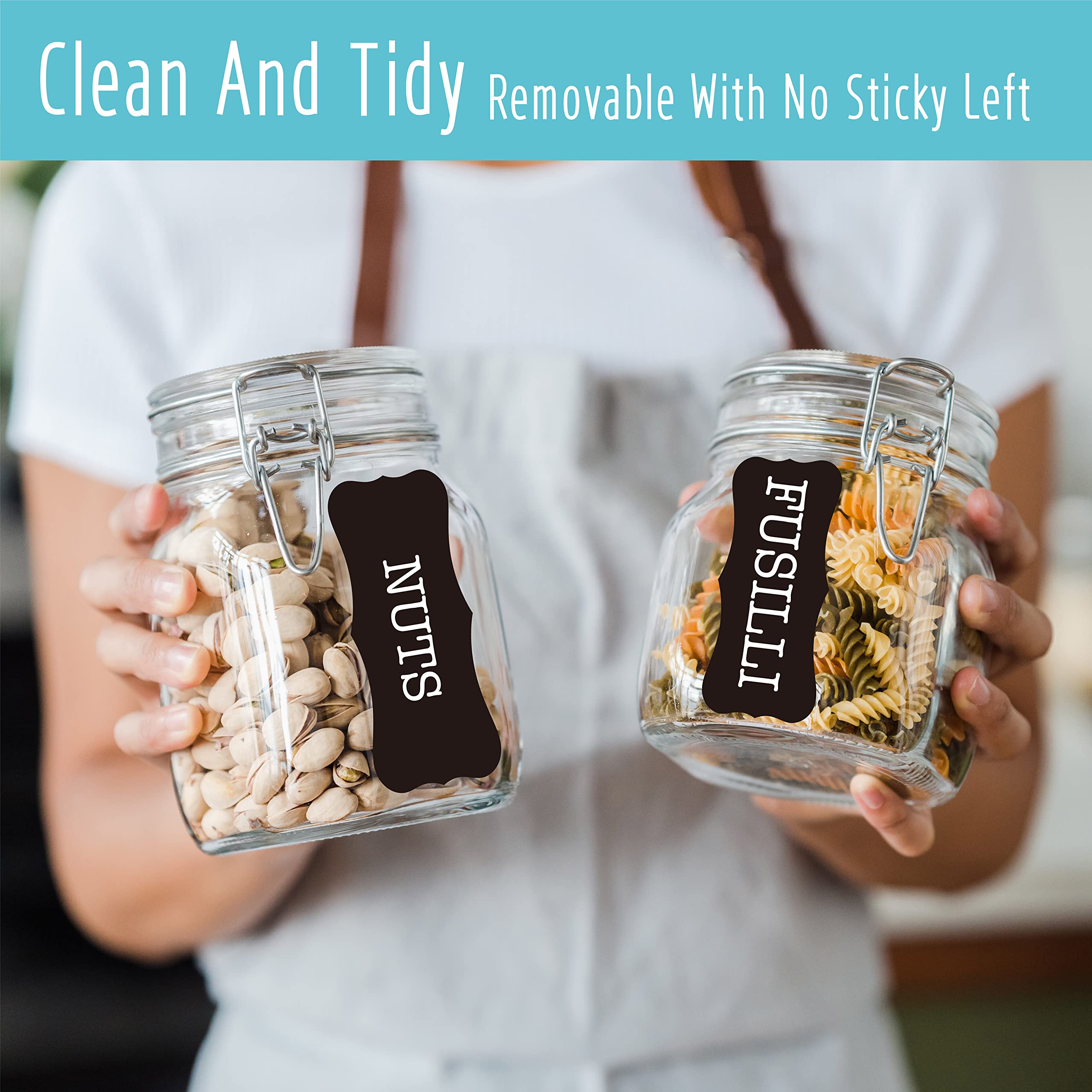 Hebayy 308 Pantry Food Labels - 280 Preprinted & 28 Blank Stickers for Flour, Pasta, Lentils, Grains, Condiments, Oils - Waterproof, Tear-Resistant, No Residue - Perfect for Kitchen Containers, Jars & Pantry Organization (White on Black) - Ideal for Meal Prep, Spice Storage & Home Organization