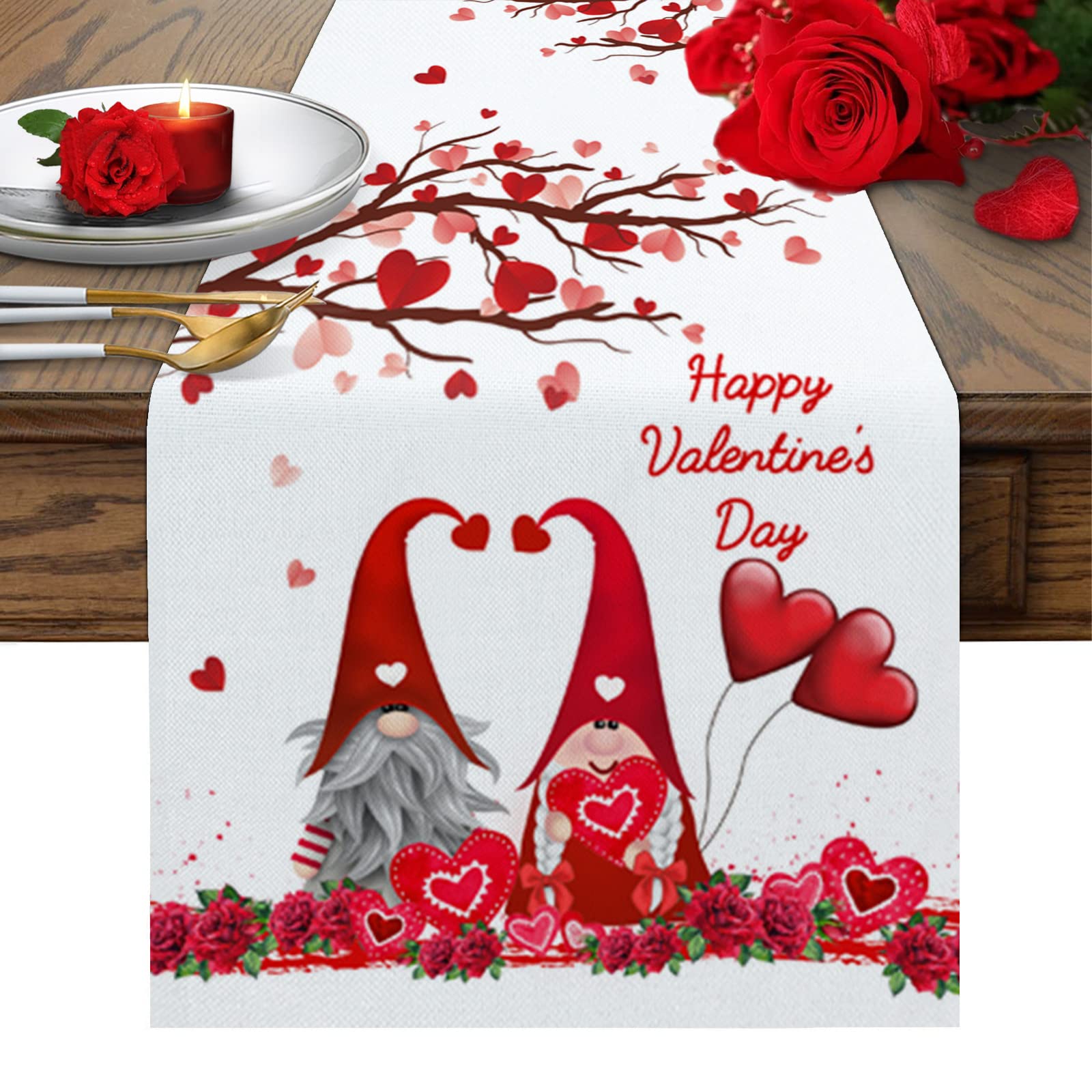 72 Inch Valentine's Day Table Runner - Heart Gnome Cotton Linen Tablecloth for Coffee Table, Wedding, Party & Dining Decor - Romantic Love Tree Design for Holiday Celebrations & Home Decor