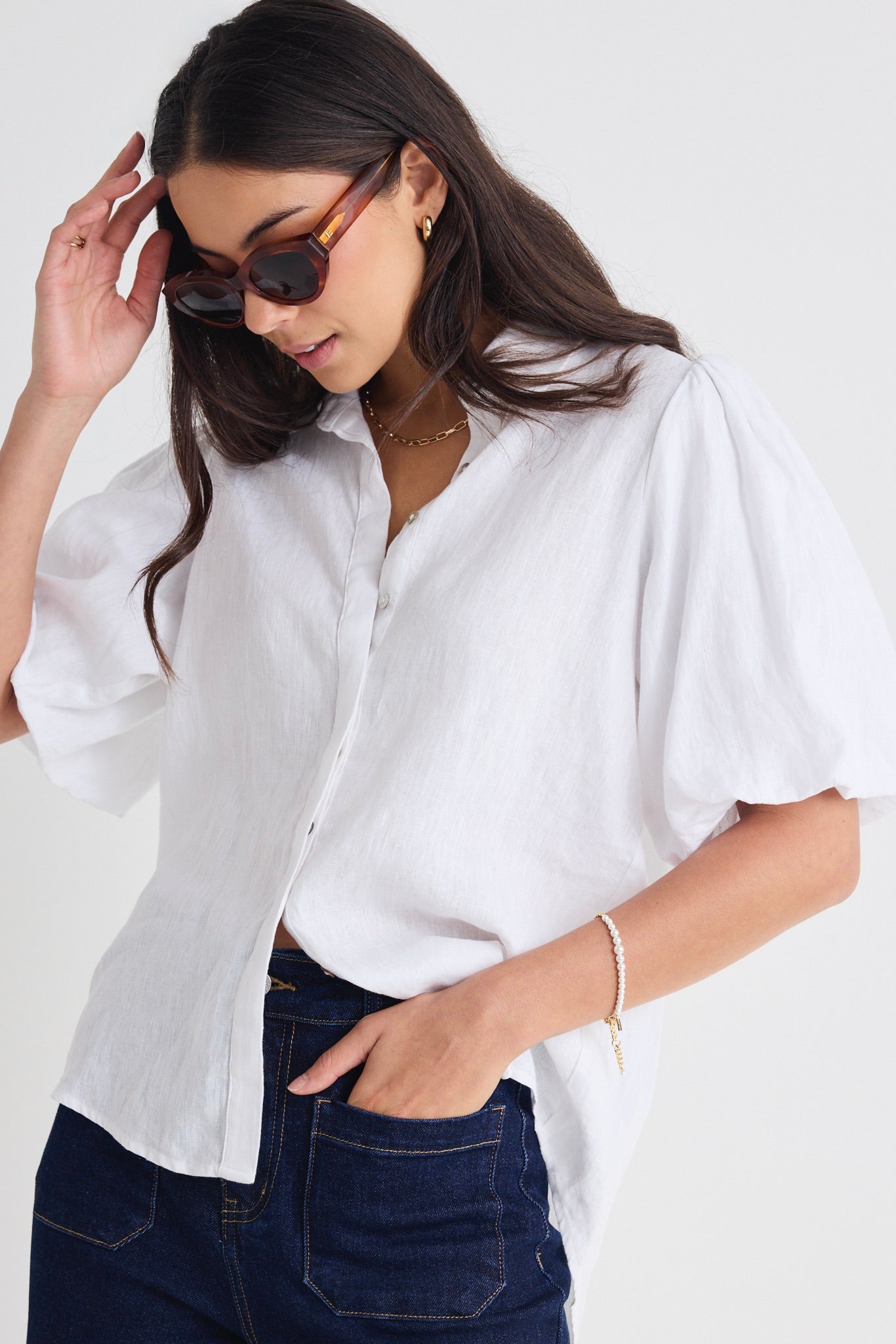 Stylish White Linen Bubble Sleeve Blouse for Women | Breathable Summer Top | Perfect for Beach Vacations, Date Nights & Office Wear