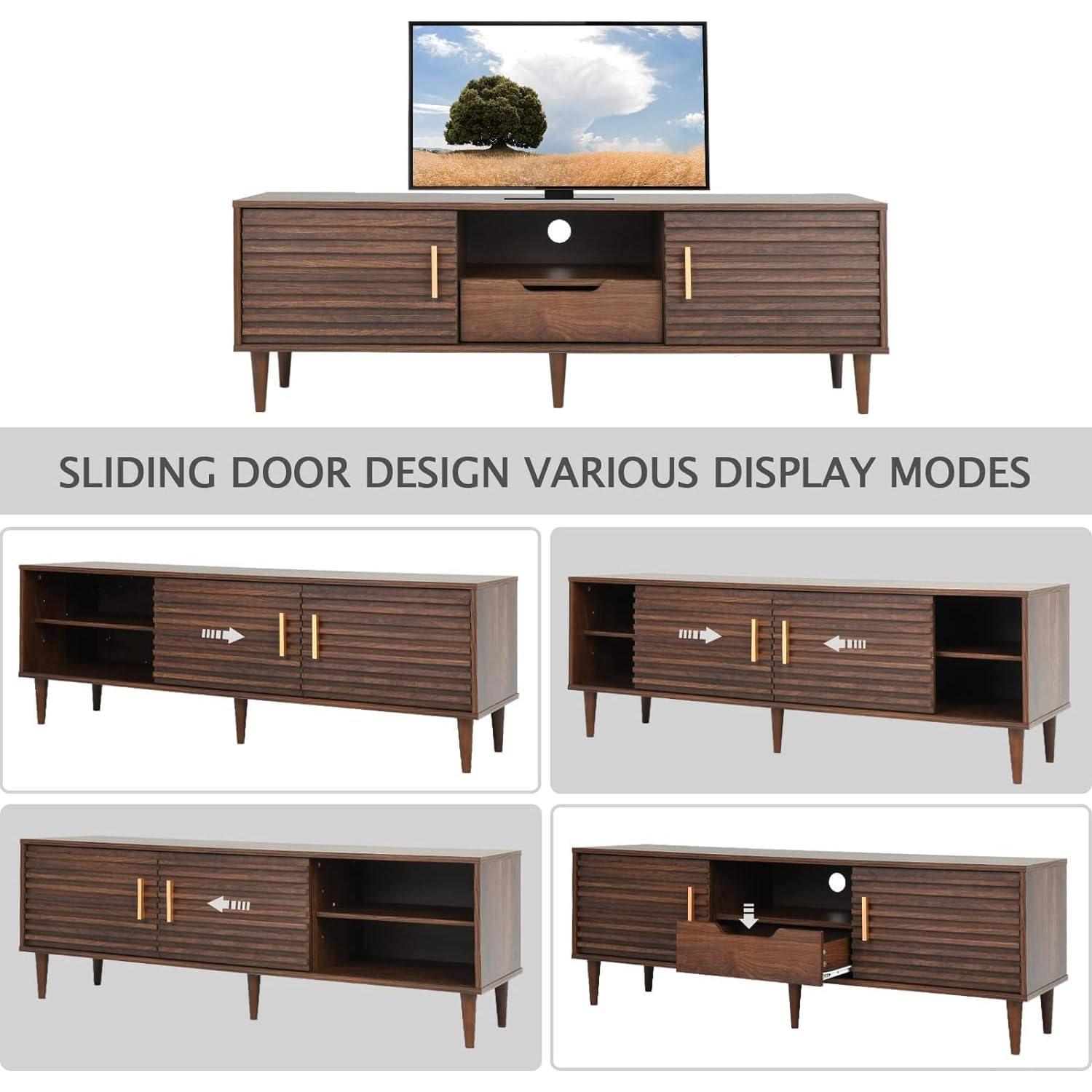 Mid-Century Modern TV Stand for 60-Inch TV - Brown Wooden Media Console with Storage Cabinet - Perfect for Living Room Home Entertainment & Stylish Décor