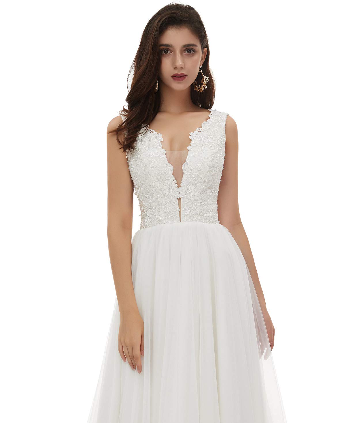 Elegant Women's V-Neck Beaded Lace Applique Wedding Dress for Beach Bridal, Boho Chic Summer Ceremony & Photoshoot