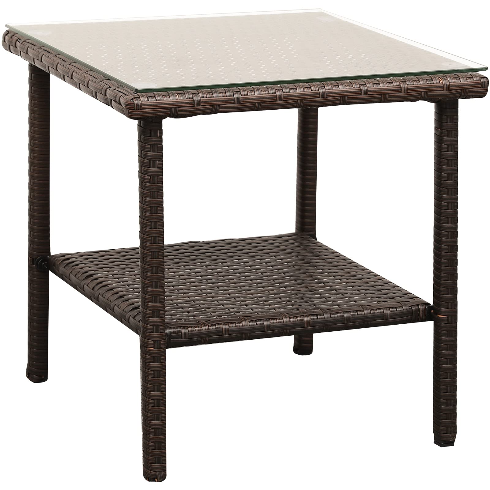 Outdoor PE Wicker Side Table - Rattan Patio Coffee Table with Glass Top, 2-Tier Square End Table for Garden, Balcony & Poolside - Mix Brown Furniture for Outdoor Relaxation & Entertaining