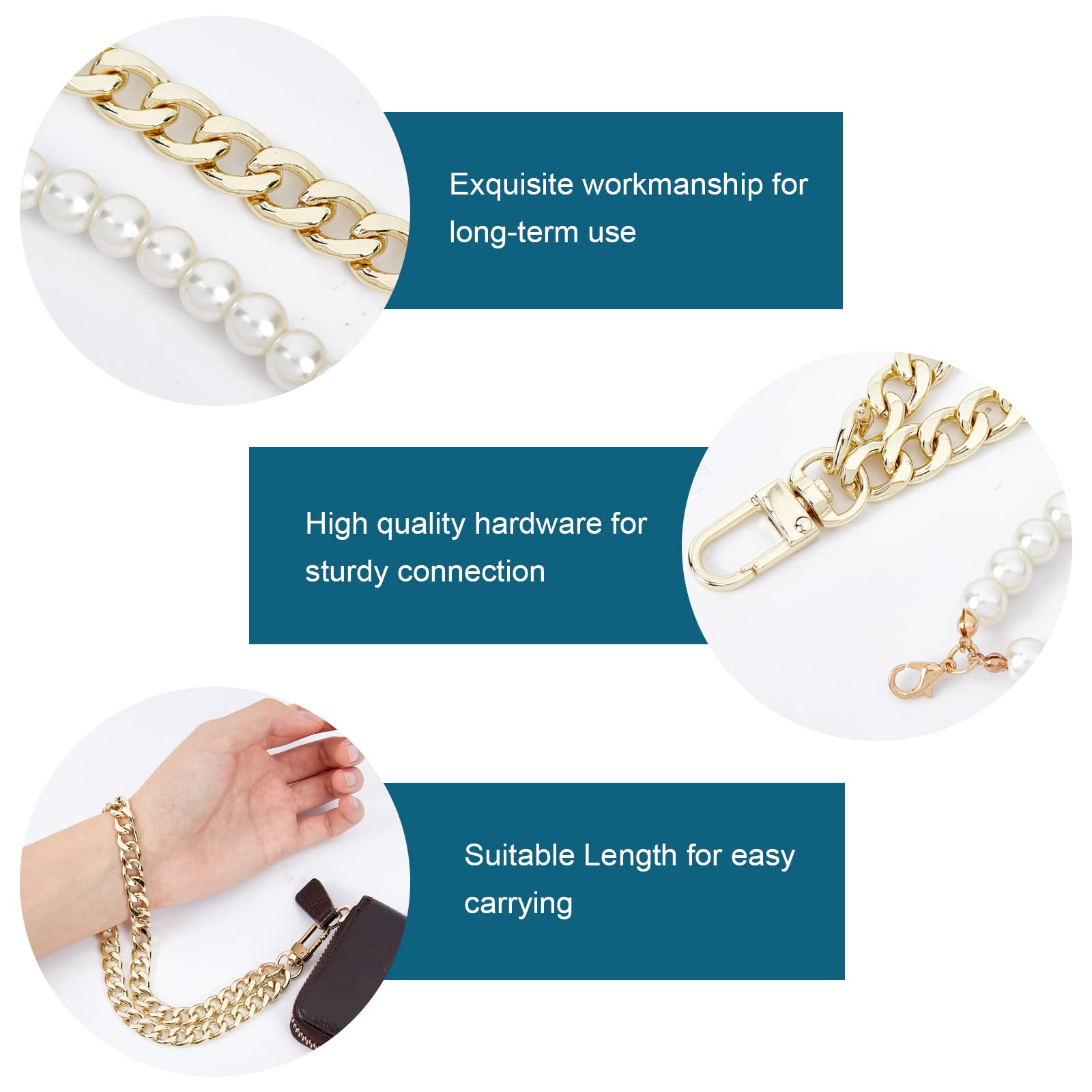 WADORN 4pcs Purse Wristlet Strap - 8.9 Inch Metal Wrist Lanyard with 3.5 Inch Pearl Bead, Keychain Holder for Women's Bags, Wallets & Cell Phones | Perfect for ID Badges, Cards & Everyday Use (2 Styles)
