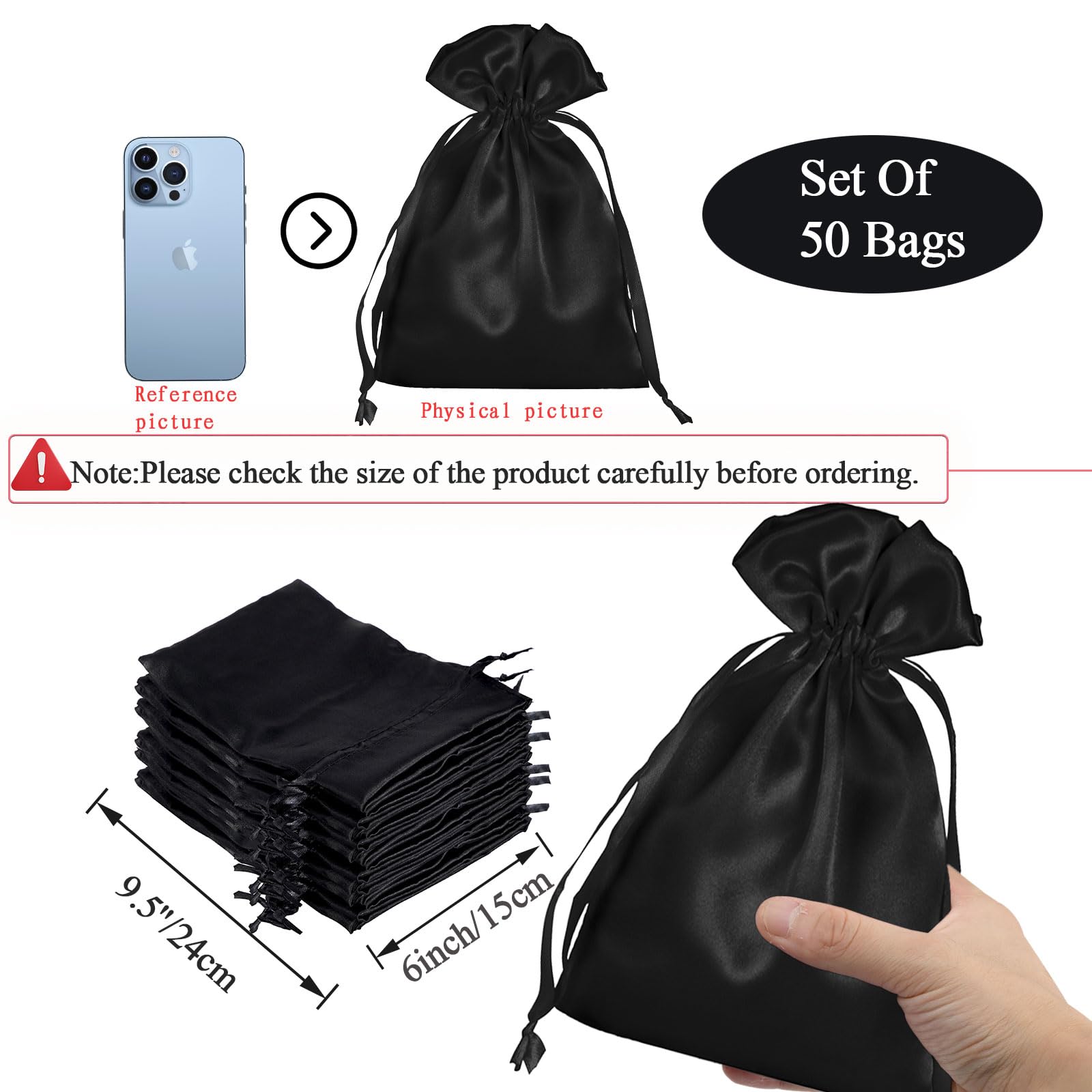 50 Pack 6x9.5 Inch Black Satin Drawstring Gift Bags - Premium Jewelry Pouch, Wedding Favors, Baby Shower & Party Favor Bags - Perfect for Special Occasions, Gift Wrapping & Event Decorations