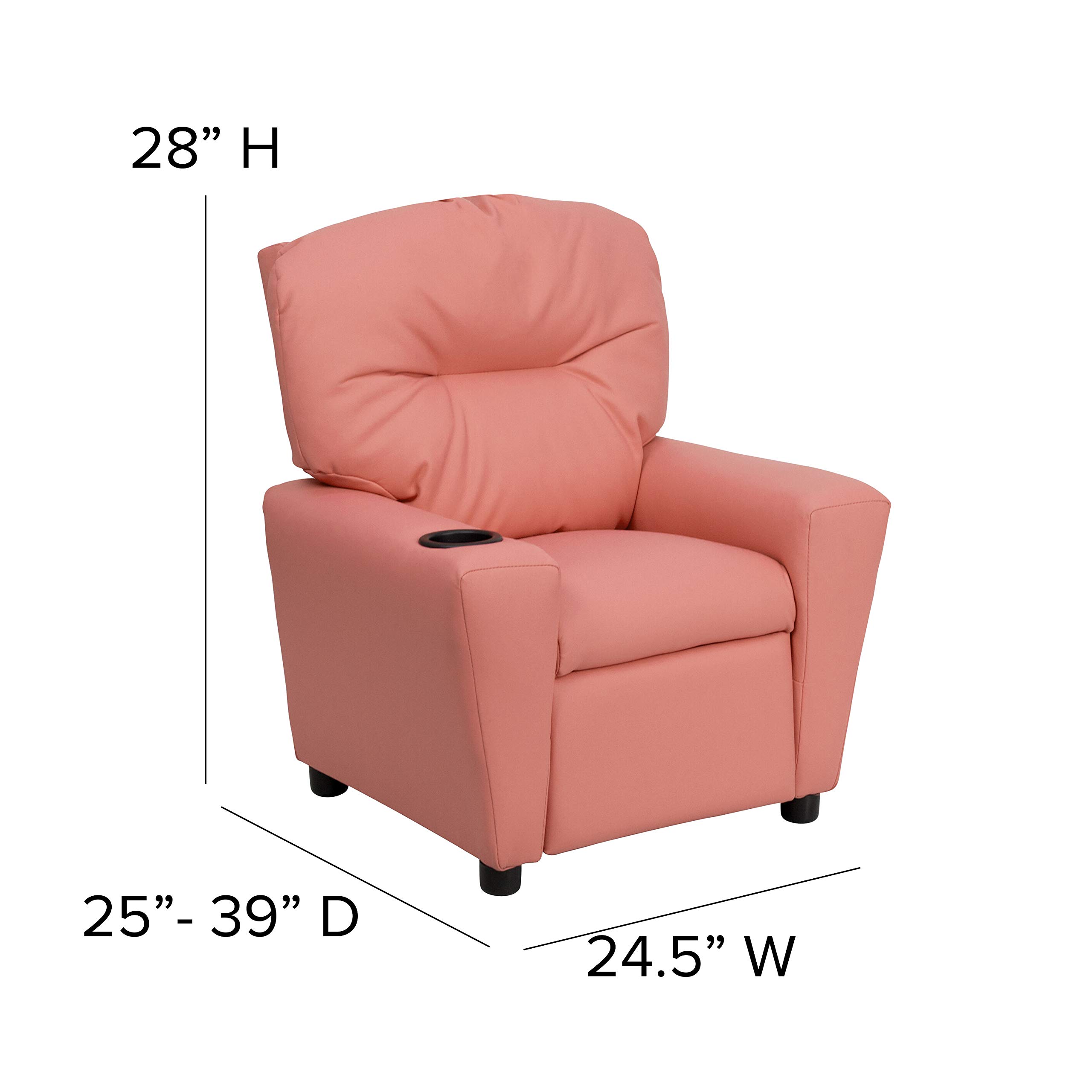 EMMA + OLIVER Pink Vinyl Kids Recliner Chair with Cup Holder - Comfortable Toddler Lounge Chair for Playroom, Bedroom & Movie Nights - Perfect Gift for Girls & Boys