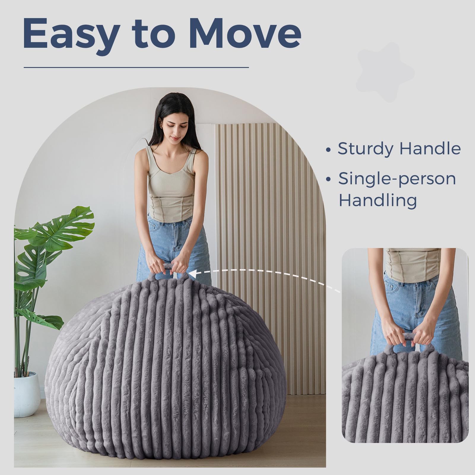 MAXYOYO 3ft Faux Fur Bean Bag Chair for Adults - Soft Striped Lazy Sofa for Living Room, Bedroom, Dorm - Dark Grey - Perfect for Relaxing, Gaming & Reading