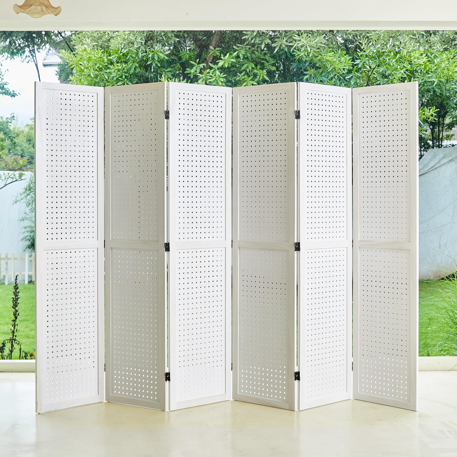 5.6Ft Wooden Room Divider & Pegboard Display - Folding Privacy Screen with 6 Panels, Portable Freestanding Wall Organizer for Retail, Craft & Art Display (White) - Perfect for Home Office, Classroom & Store Organization