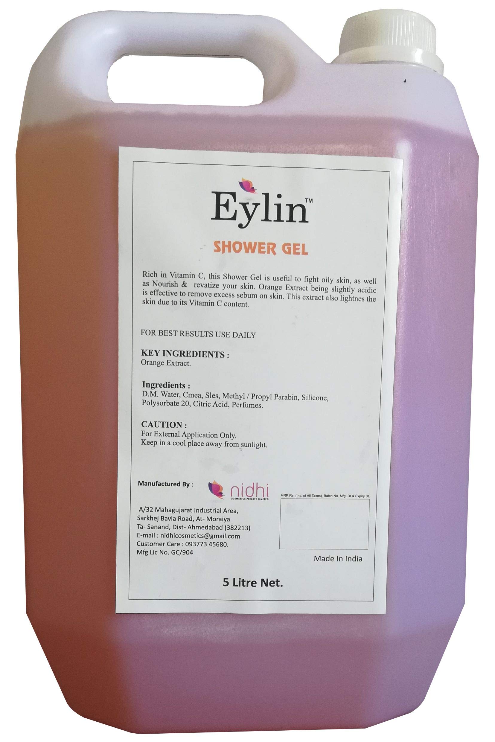 Eylin Herbal Shower Gel with Orange Extract | Moisturizing Body Wash for Dry Skin | 5 Liter Bulk Size | Perfect for Spa, Gym & Family Use