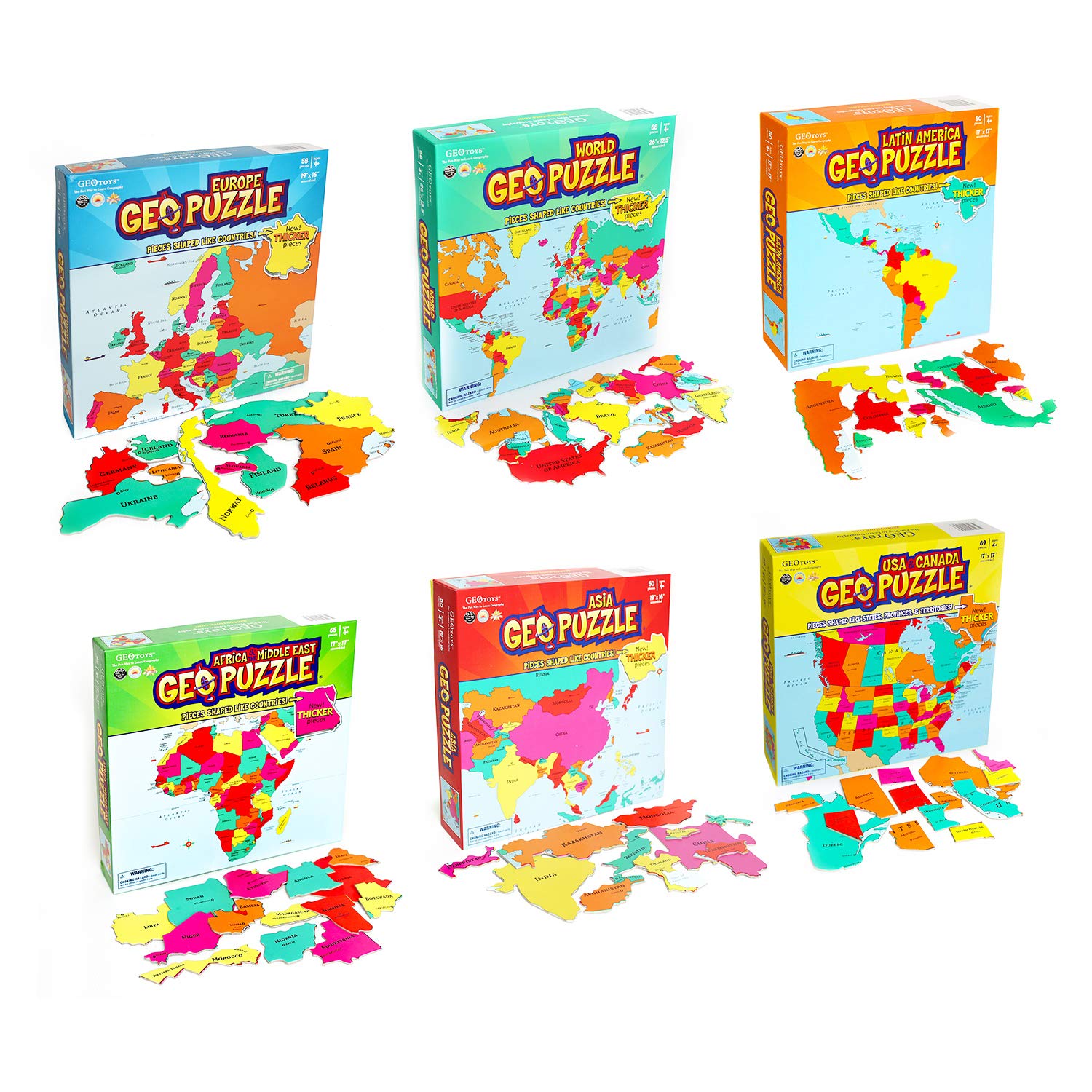 GeoToys — Set of 6 GeoPuzzles in Individual Boxes — Educational Geography Puzzles for Kids Ages 4+, 50+ Piece Jigsaw Puzzles for Boys and Girls — Perfect for Classroom Learning, Homeschooling & Family Game Night