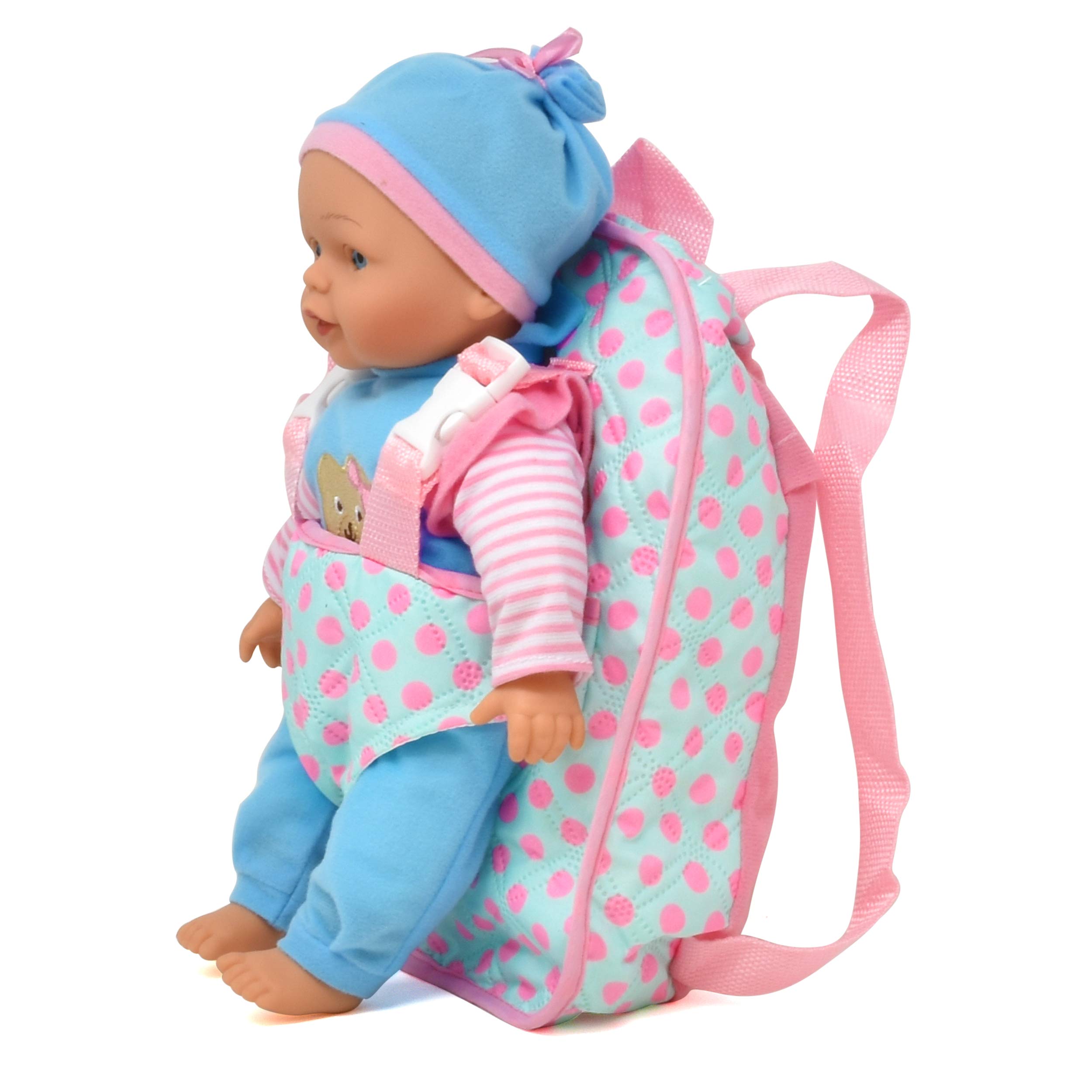 13-inch Soft Baby Doll with Pink Backpack Carrier - Fits Accessories & Clothes - Perfect for Pretend Play, Travel & Gifts for Toddlers