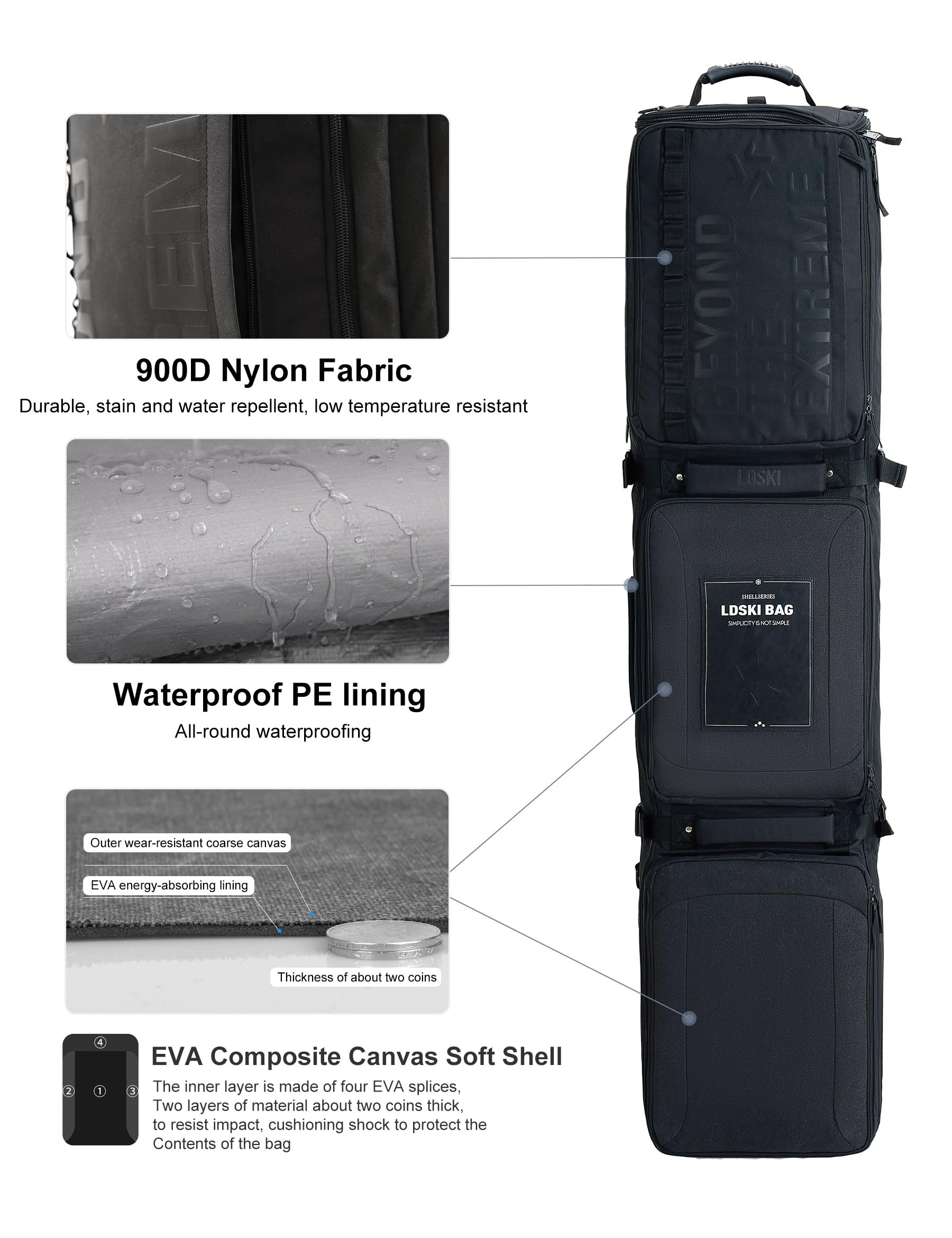 Waterproof Padded Snowboard & Ski Bag with Wheels - Expandable Adjustable Travel Ski Bag for Airplane, Perfect for Snowboarding Trips & Winter Sports Gear Storage