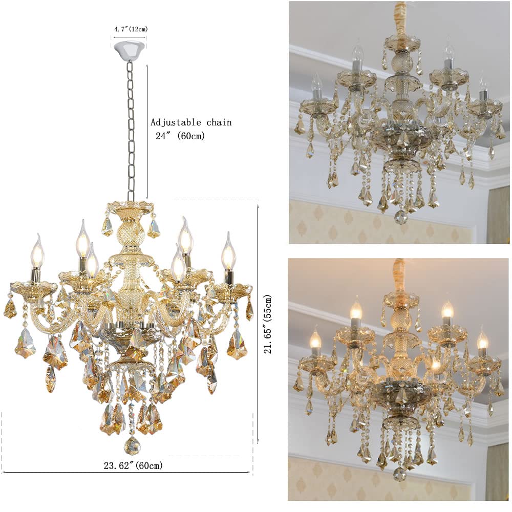 Modern K9 Crystal Chandelier Cognac 6-Light E12 Base Candle Pendant Lighting Fixture - Elegant Crystal Ceiling Light for Dining Room, Living Room, Bedroom, Hallway - Perfect for Home Decor, Wedding Venues, and Luxury Interior Lighting
