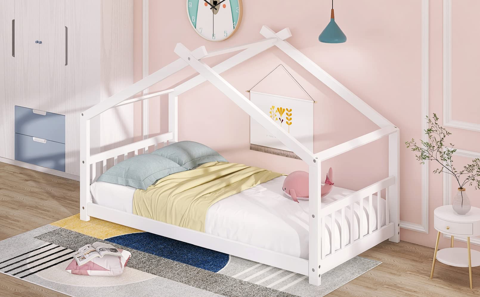 Modern Twin Size Wooden House Platform Bed Frame with Roof, Headboard & Footboard - Easy Assembly, Solid Wood Support for Kids Bedroom - No Box Spring Needed - White - Perfect for Boys & Girls Bedrooms, Playrooms & Cozy Sleepovers