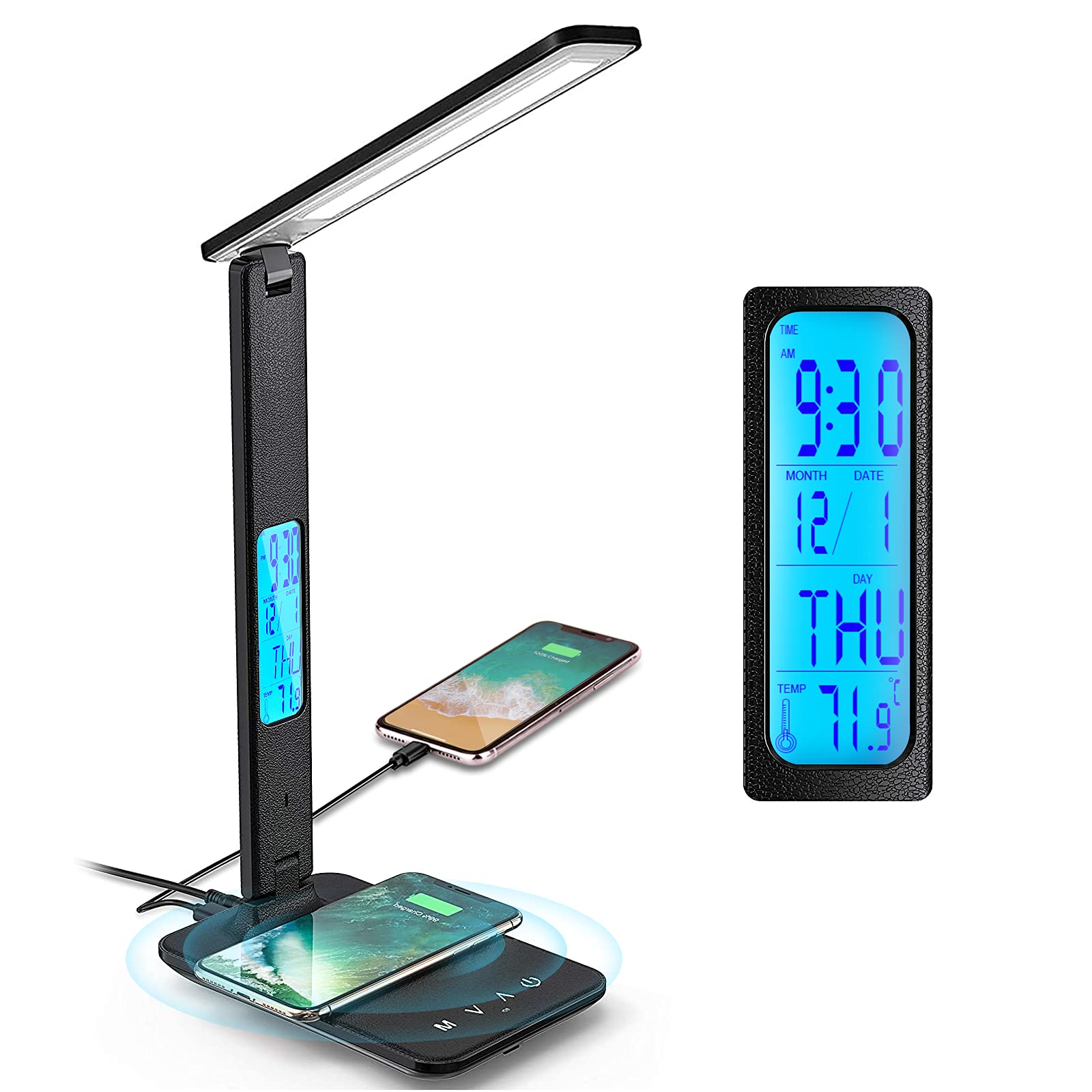 Adjustable LED Desk Lamp with Wireless Charger & USB Port - Foldable Table Lamp with Clock, Alarm, Date Display - 5-Level Dimmable Lighting for Home Office, Study, Reading & Working (Black) | Perfect for Nightstands, Dorm Rooms & Workspaces