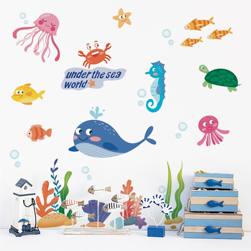 Runtoo Under The Sea Wall Stickers - Whale, Fish & Jellyfish Ocean Themed Wall Decals for Bathroom, Kids Bedroom & Baby Nursery Decor - Perfect for Underwater Theme Rooms & Play Areas