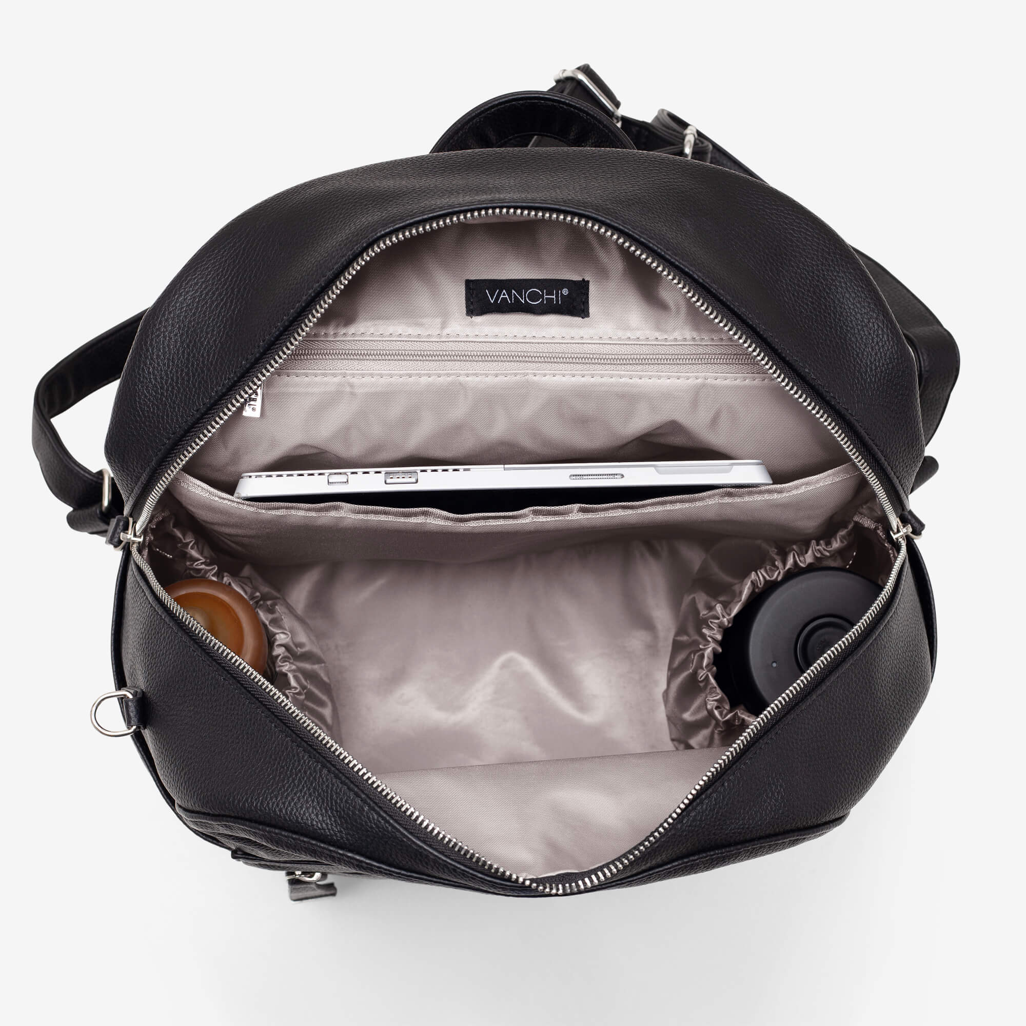 Vanchi Vegan Leather Manhattan 2-Way Backpack Diaper Bag - Stylish & Spacious Black Baby Bag for Moms - Perfect for Travel, Work & Daily Use