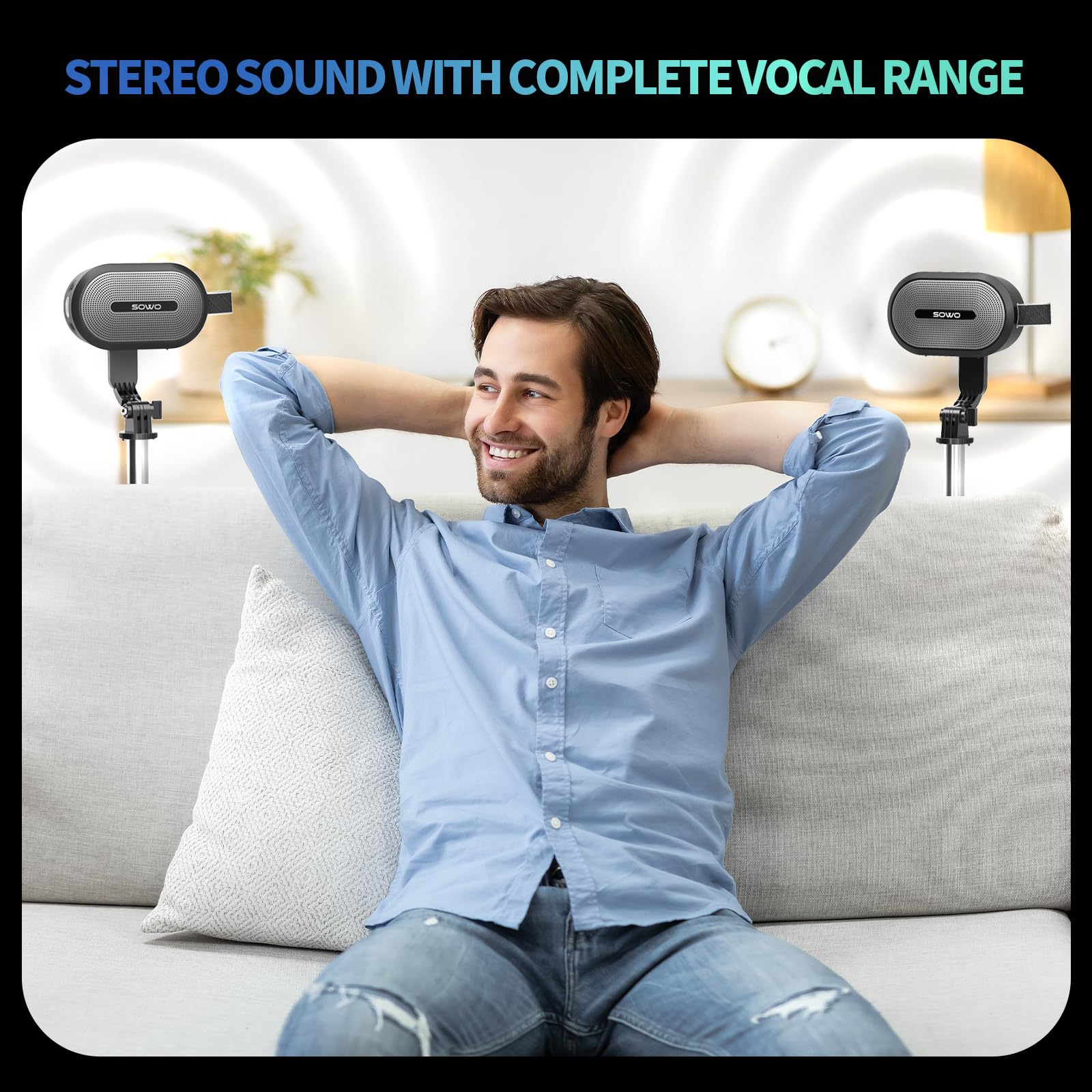 SOWO Wireless Dual Bluetooth Speakers Set with Adjustable Stands - 2Pcs High-Fidelity Stereo Sound, Smart Pairing Sync & Surround Sound - Portable Lightweight Case Included for Home Theater, Outdoor Travel, Parties & Birthday Celebrations