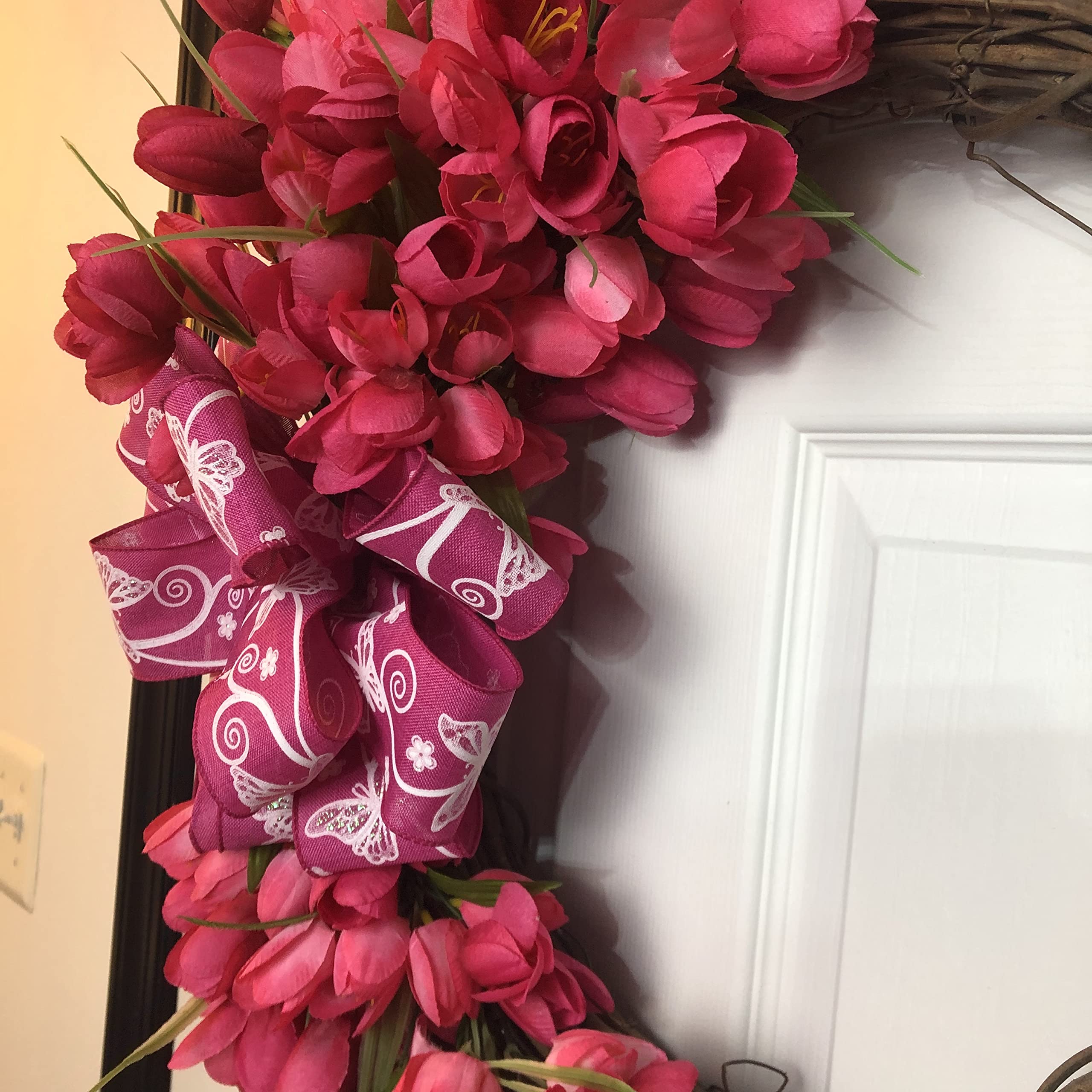 Pink Tulip Wreath with Butterfly Bow - Floral Spring Summer Door Decor for Home, Wedding, Party & Garden Decoration