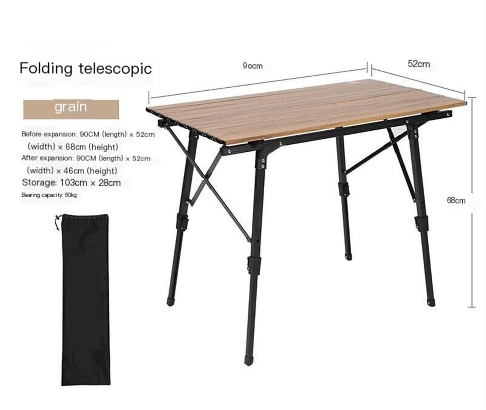 KIRANDY Portable Folding Picnic Table - Lightweight Roll Up Camping Travel Table with Retractable Wood Grain Aluminum Alloy Frame - Perfect for Outdoor Adventures, Beach Trips, and Backyard BBQs