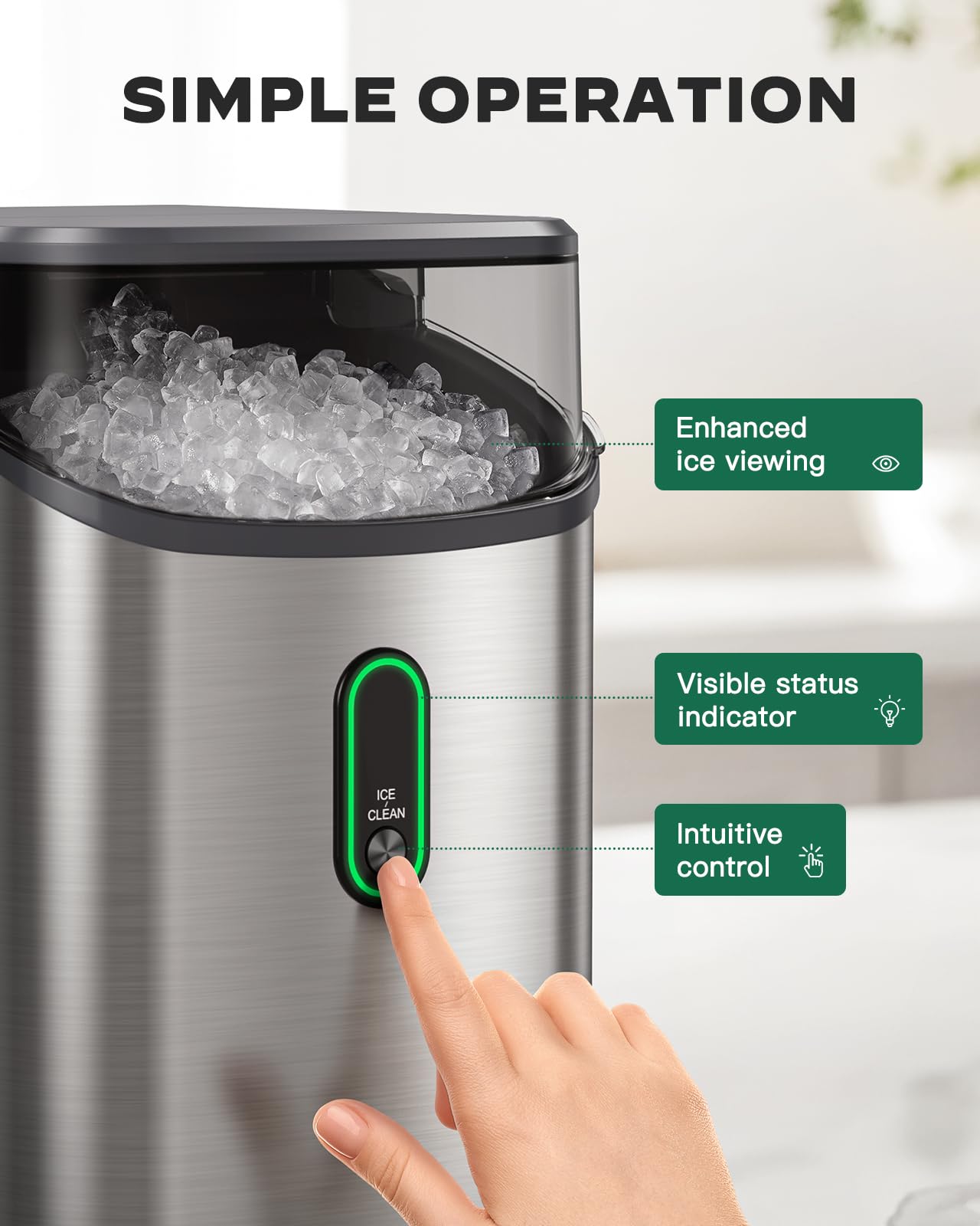 Silonn Countertop Nugget Ice Maker - 33lbs/24H Pebble Ice Machine with Self-Cleaning & One-Touch Operation - Perfect for Cocktails, Sodas & Home Bars (Stainless Steel)