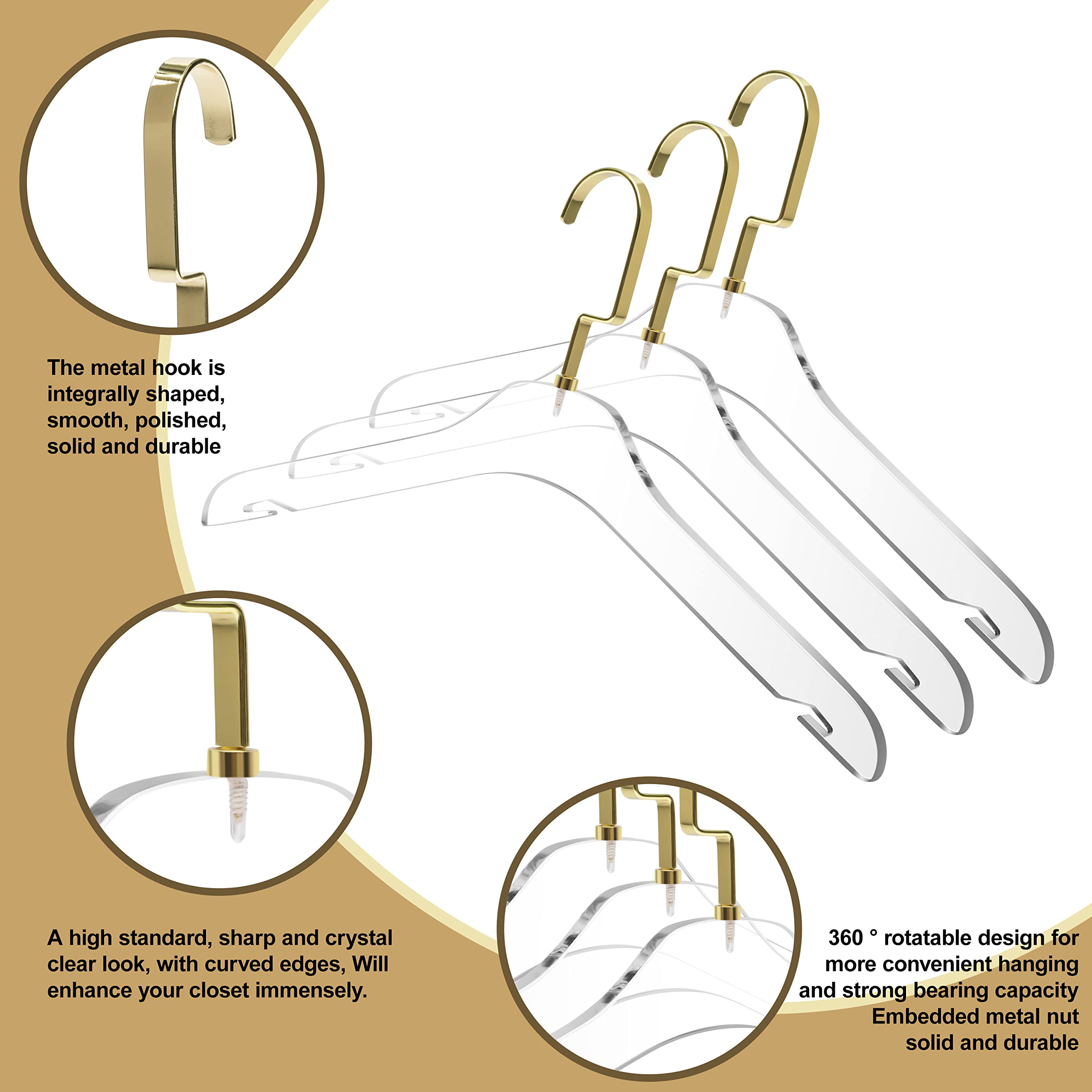 50 Premium Clear Acrylic Clothes Hangers with Gold Hooks - Heavy Duty Space Saving Coat Hangers for Dresses, Suits & Closet Organization - Perfect for Wardrobe, Retail Stores & Travel Packing (Gold Hook, 50 Pack)