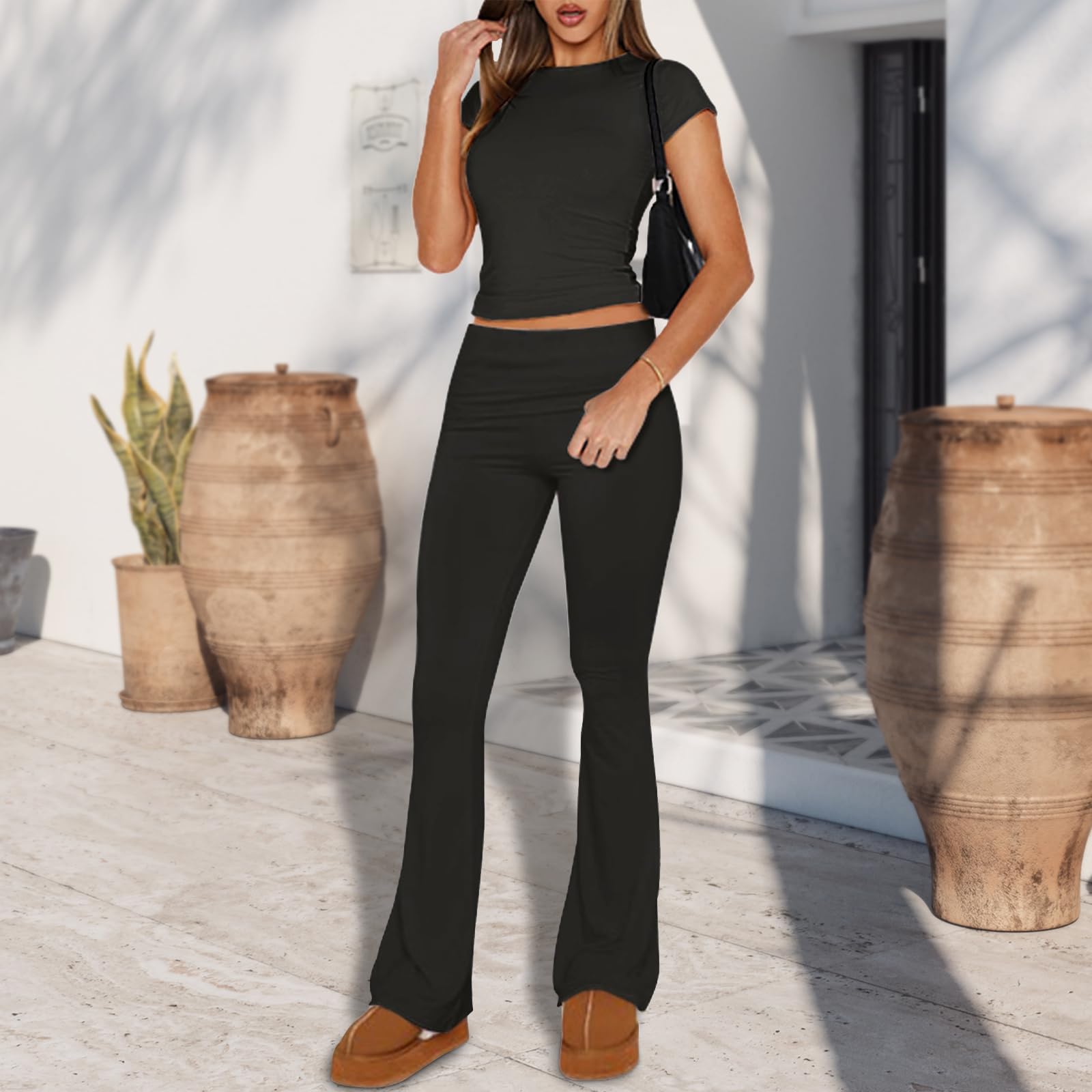 AoMoon Women's 2-Piece Lounge Set - Short Sleeve Crop Top & Fold Over Flare Yoga Pants | Comfy PJs & Tracksuits for Yoga, Home, Travel & Relaxation