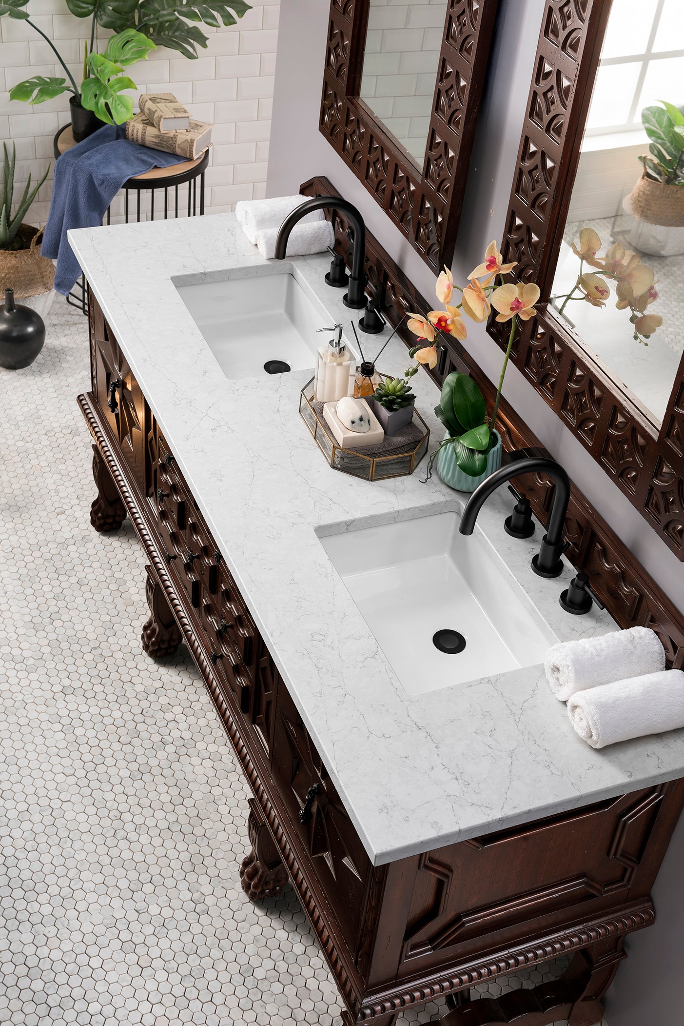 Balmoral 72 Inch Double Vanity Cabinet with 3CM Eternal Jasmine Pearl Quartz Top - Antique Walnut Bathroom Vanity for Modern & Traditional Home Decor | Perfect for Master Bathroom, Guest Bath, or Powder Room Makeover