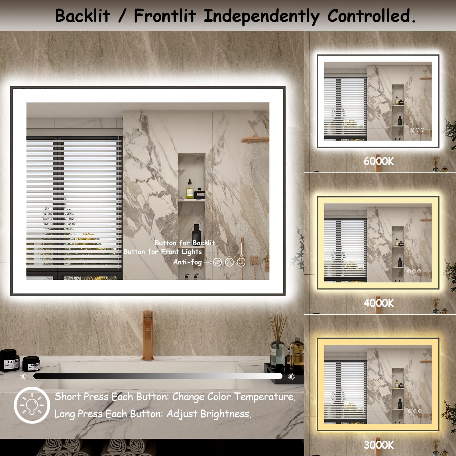 50x30 Inch Black Framed LED Bathroom Mirror with Dimmable Lights - Anti-Fog, Shatterproof Vanity Mirror with Memory Function & Dual Backlit/Front Lighting (ETL Certified) - Perfect for Modern Bathrooms, Bedroom Vanity & Makeup Areas