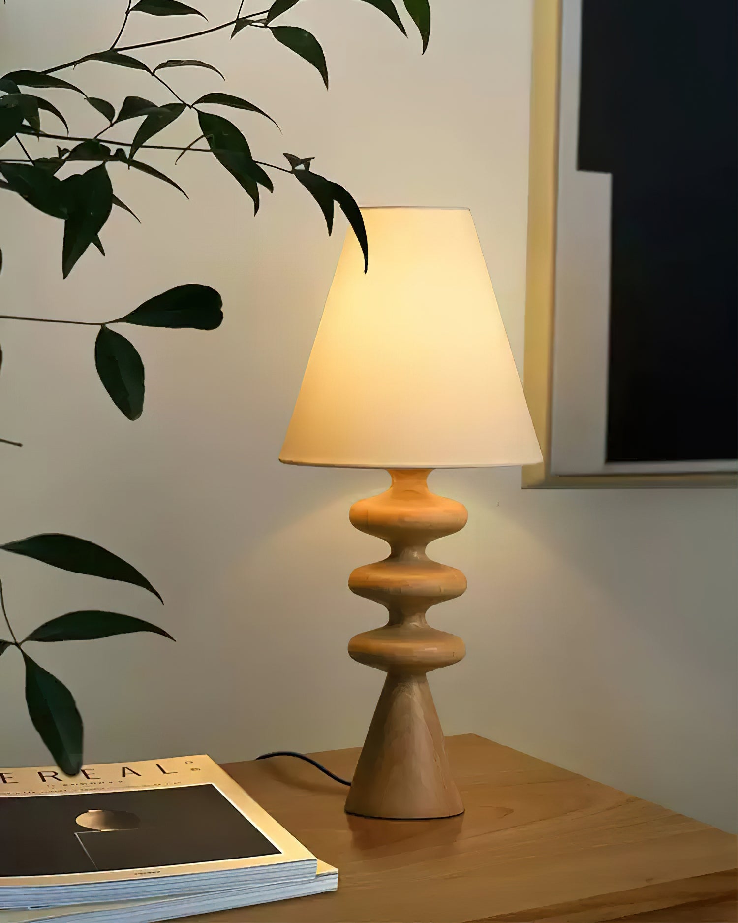 Modern Ripple Wood Table Lamp - Handcrafted Natural Wood Nightstand Light for Bedroom, Living Room & Office - Warm Ambient Lighting for Home Decor