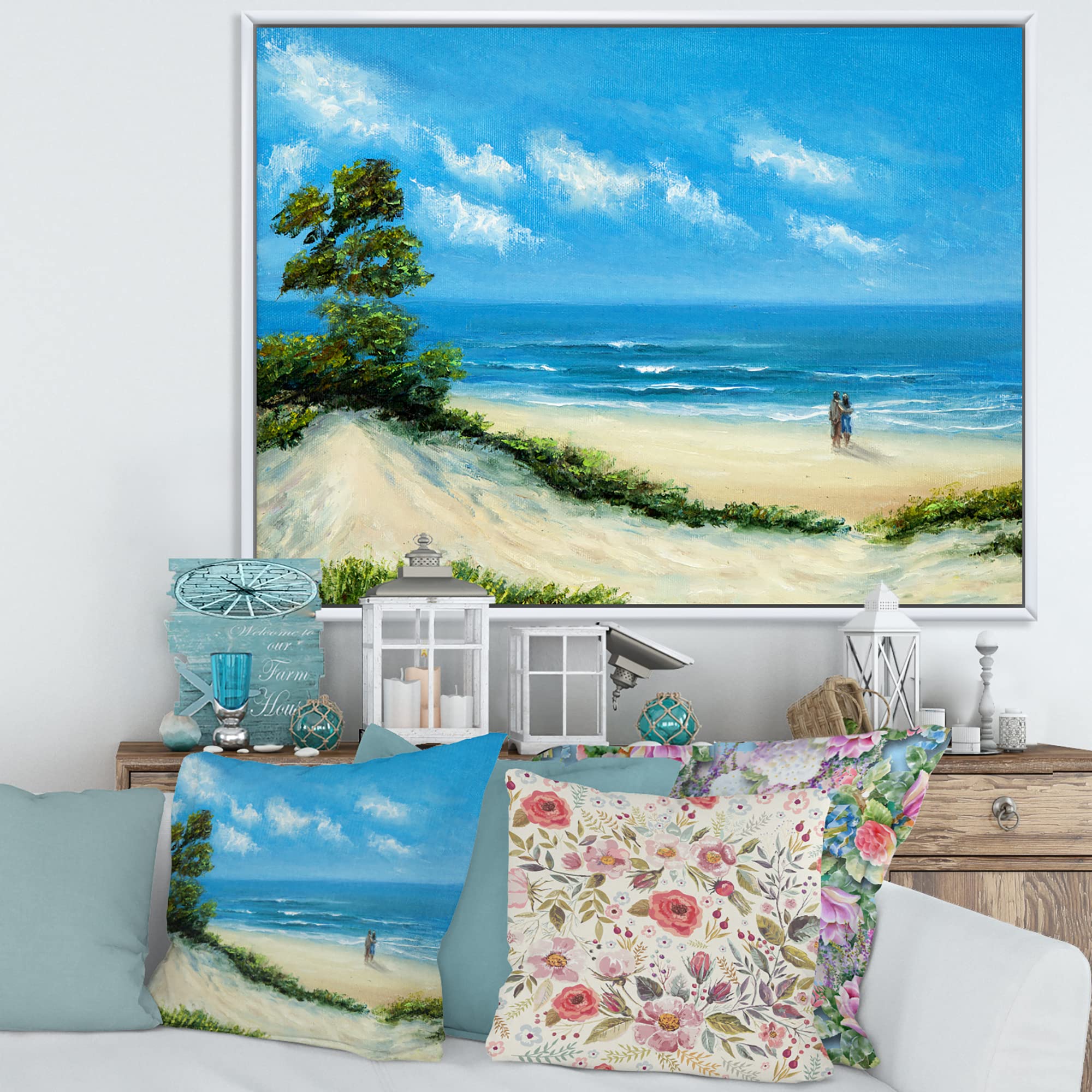DesignQ Couple At The Beach - Coastal Framed Canvas Wall Art Print for Living Room, Bedroom & Office Decor | Nautical Home Decor Gift for Couples